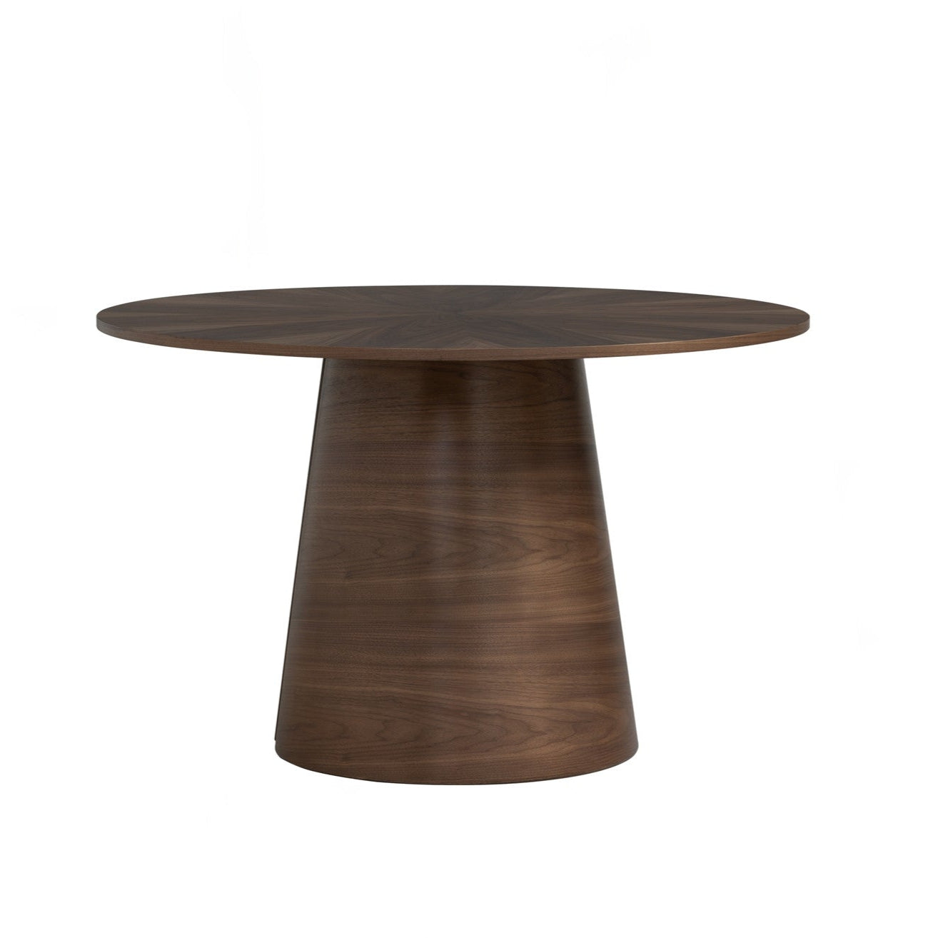 Round wooden table with a cylindrical base on a white background