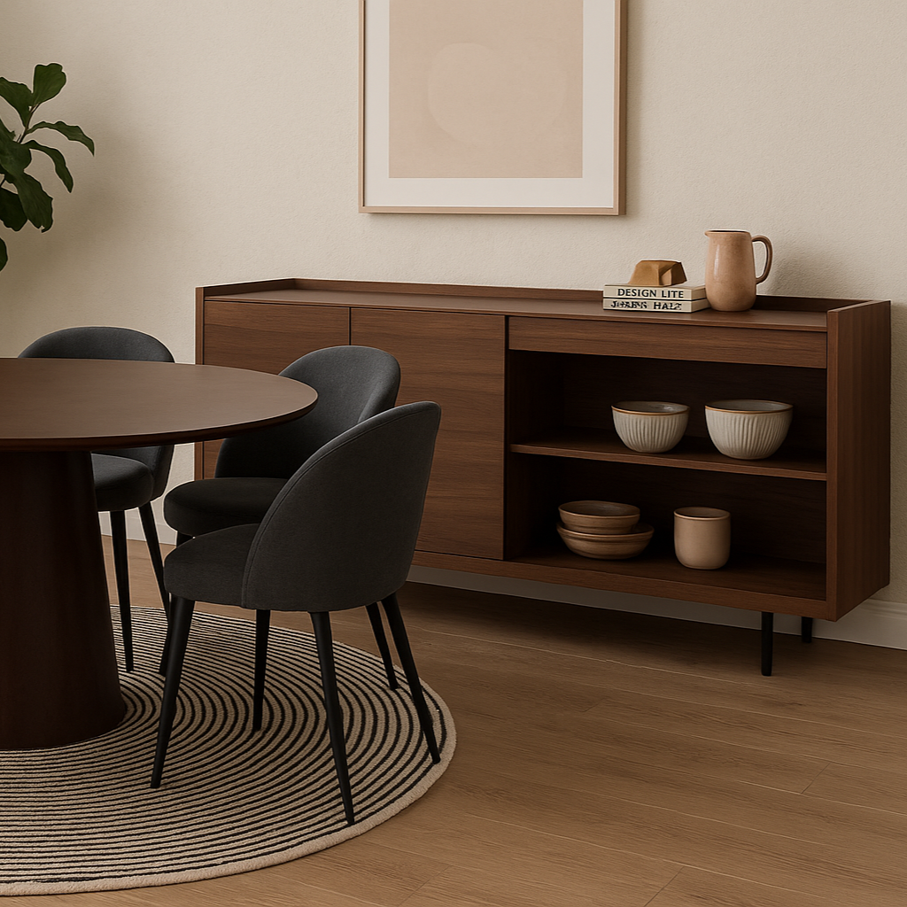 Dining room with round wooden table and chairs, and a wooden sideboard.