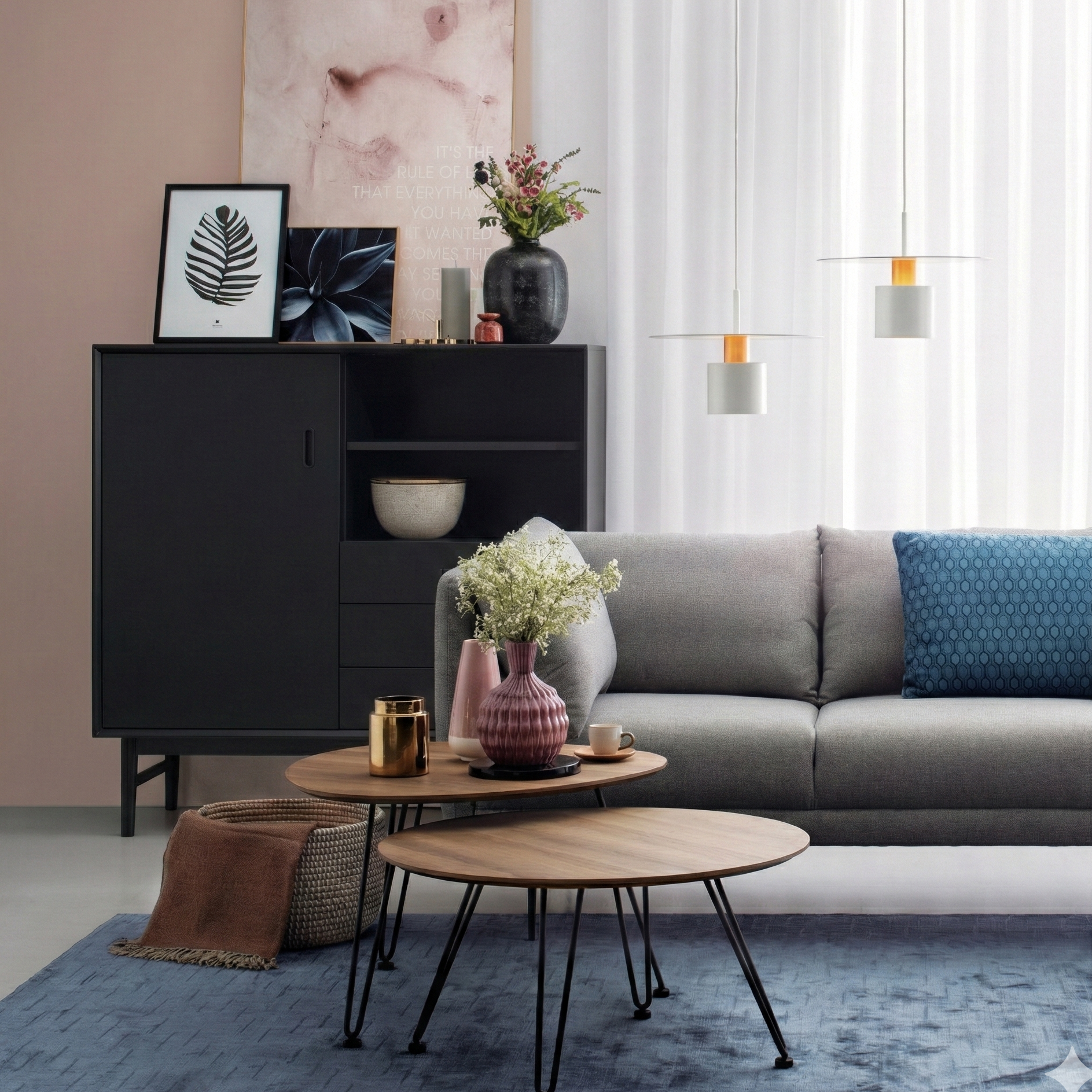 Modern living room with gray sofa, wooden coffee table, and decorative items.