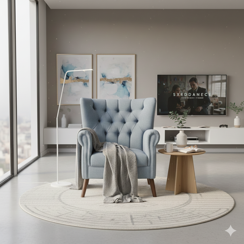 Modern living room with a blue armchair, round wooden table, and abstract art on the wall.