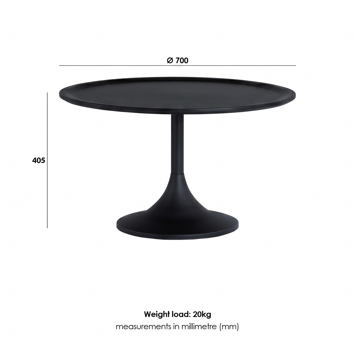 Black round table with dimensions on a white background