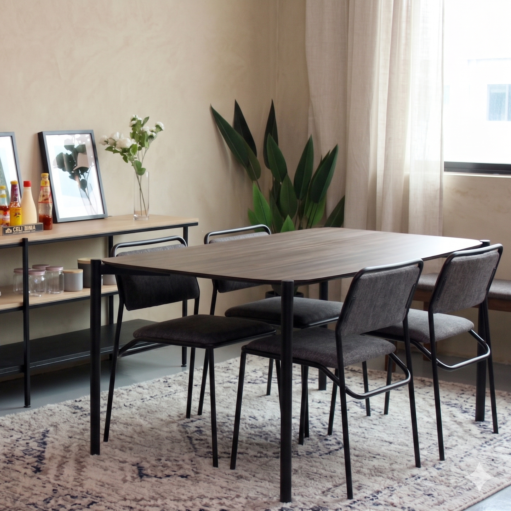 Dining area with a table, chairs, and shelves against a beige wall.
