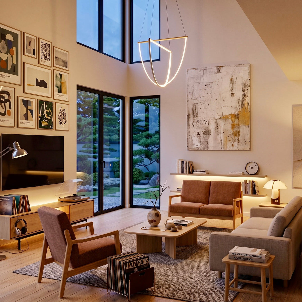 A modern living room interior with a brown leather armchair, matching sofa, light gray sofa, wooden coffee table, wall art, and tall windows overlooking a garden.