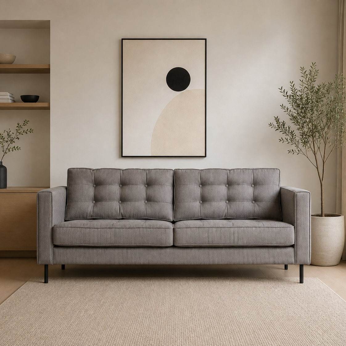 A modern gray tufted sofa in a minimalist living room setting, featuring a beige rug, a wooden sideboard with shelves, and a framed abstract art print on the wall.