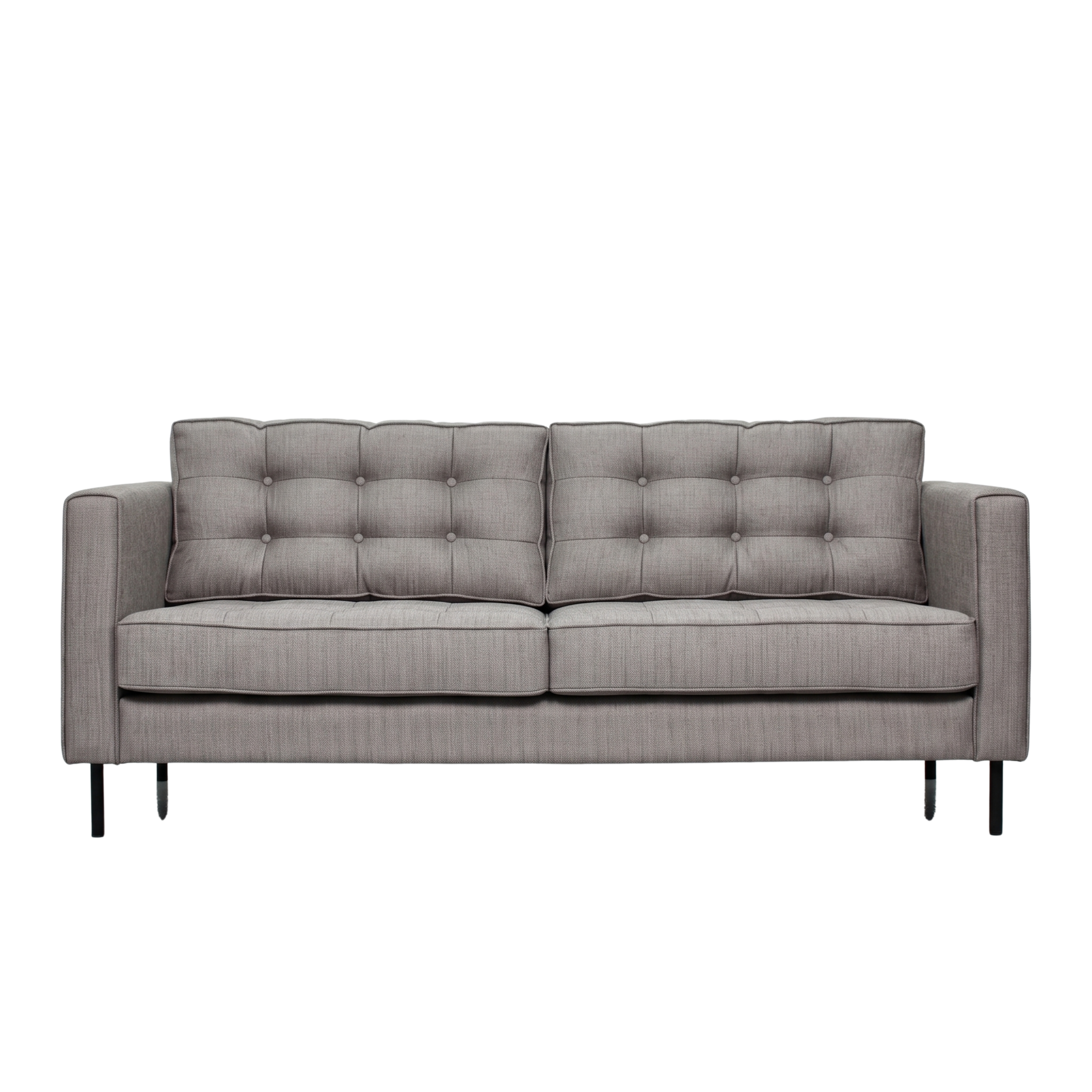 A modern two-seater sofa upholstered in a textured light gray fabric, featuring a tufted backrest, square arms, and slim black metal legs, shown against a plain white background.