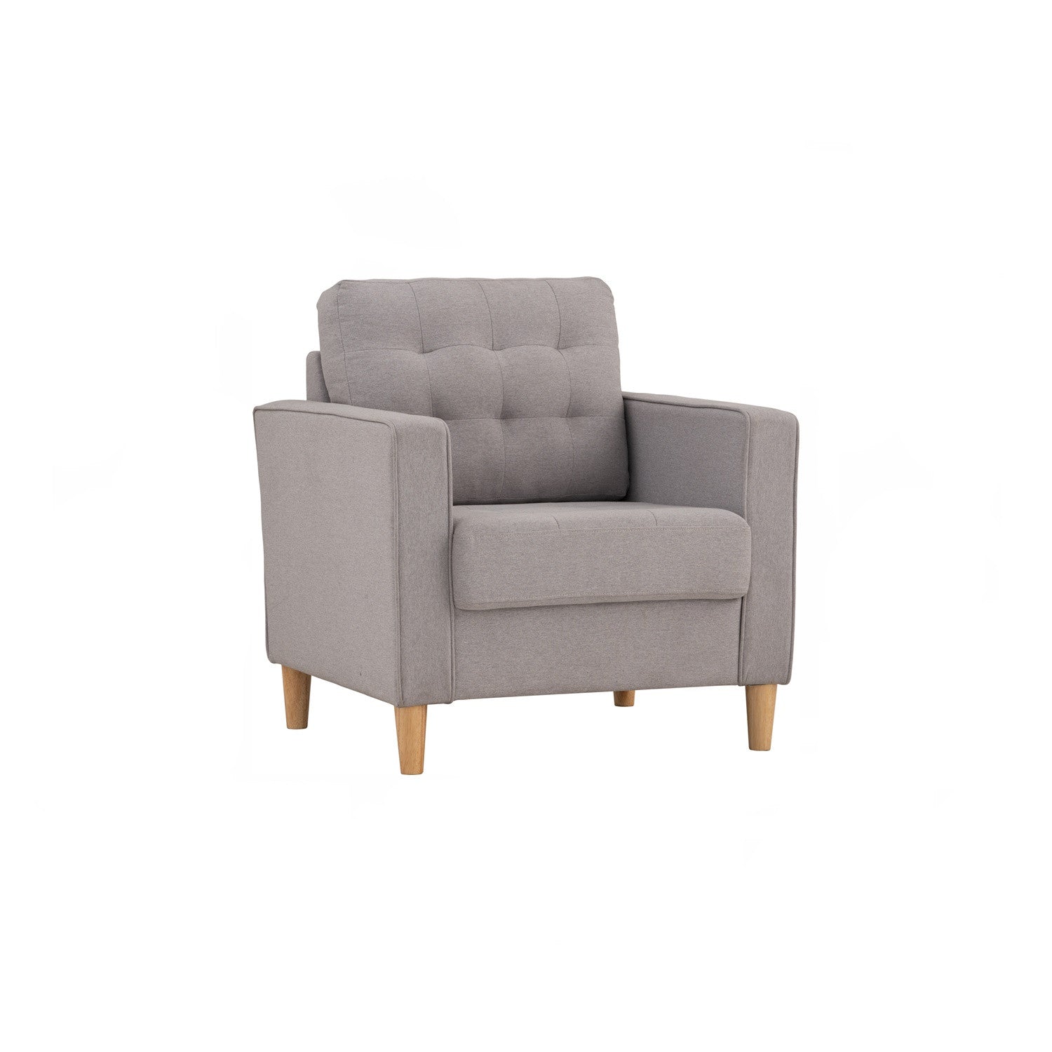 A modern contemporary gray 1 seater sofa with tufted backrest and solid wood legs.