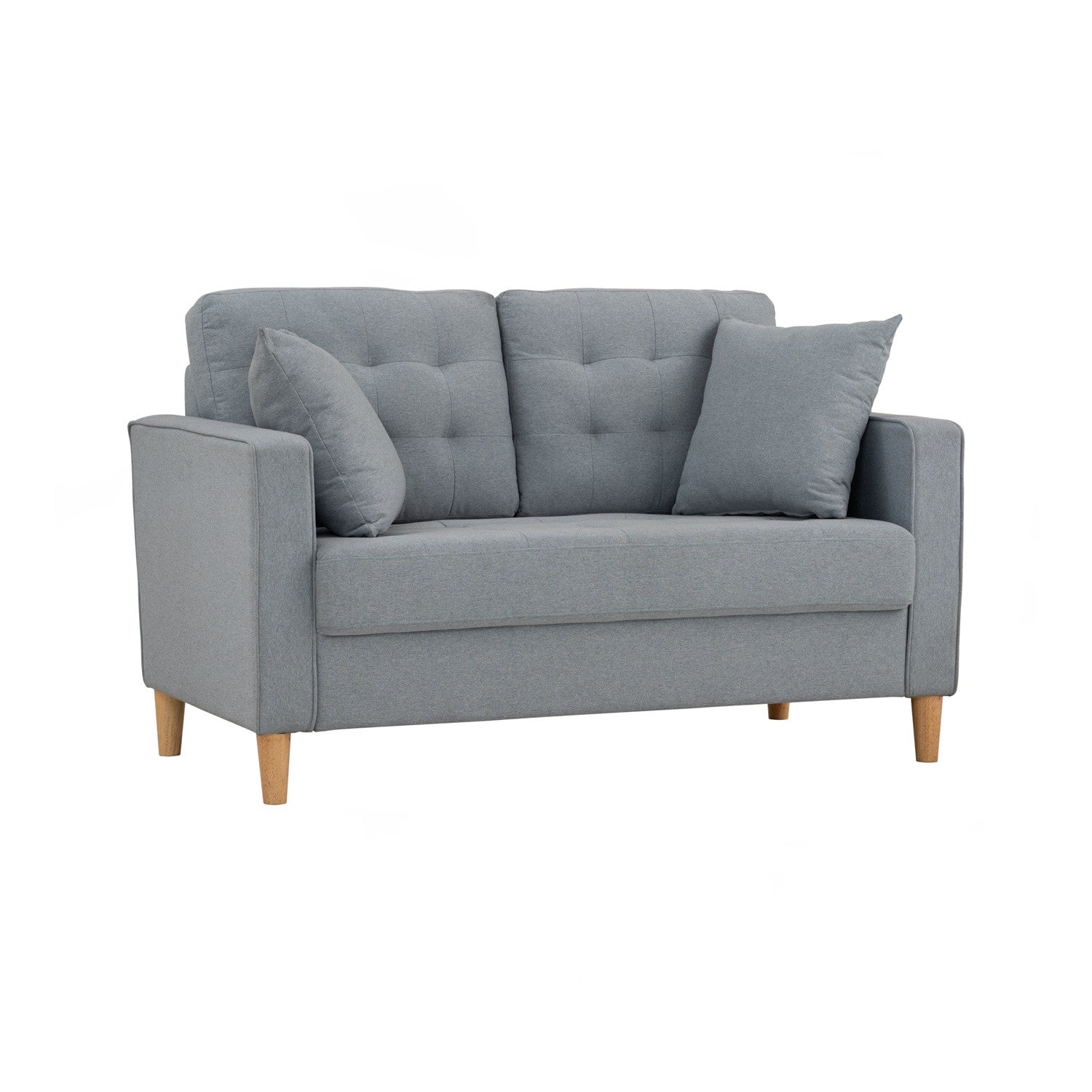 A light gray fabric loveseat sofa with tufted back cushions, two matching throw pillows, and light wood legs, shown against a plain white background.