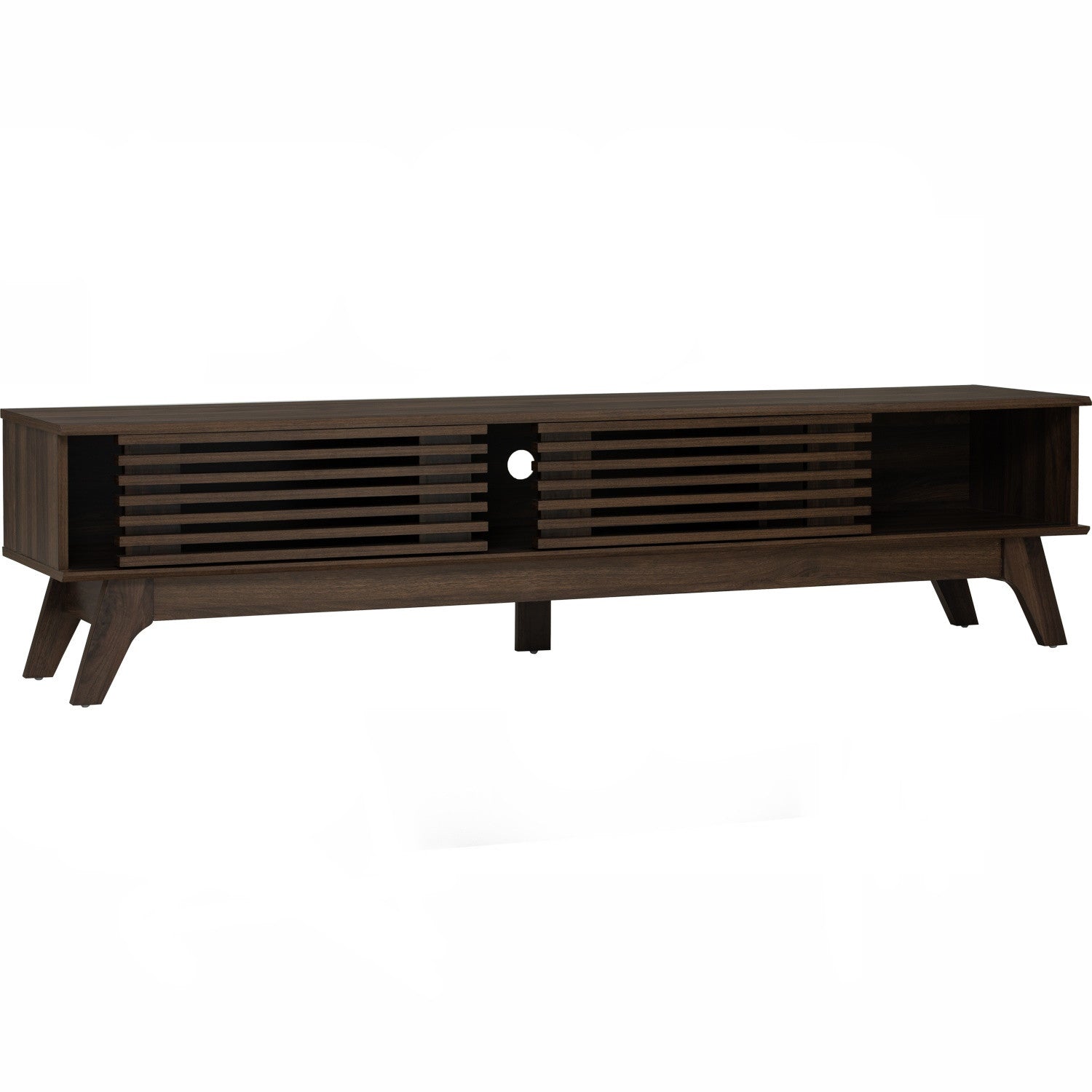 A modern dark brown wood TV stand with a slatted front design, open side shelving, and angled legs, shown against a plain white background.