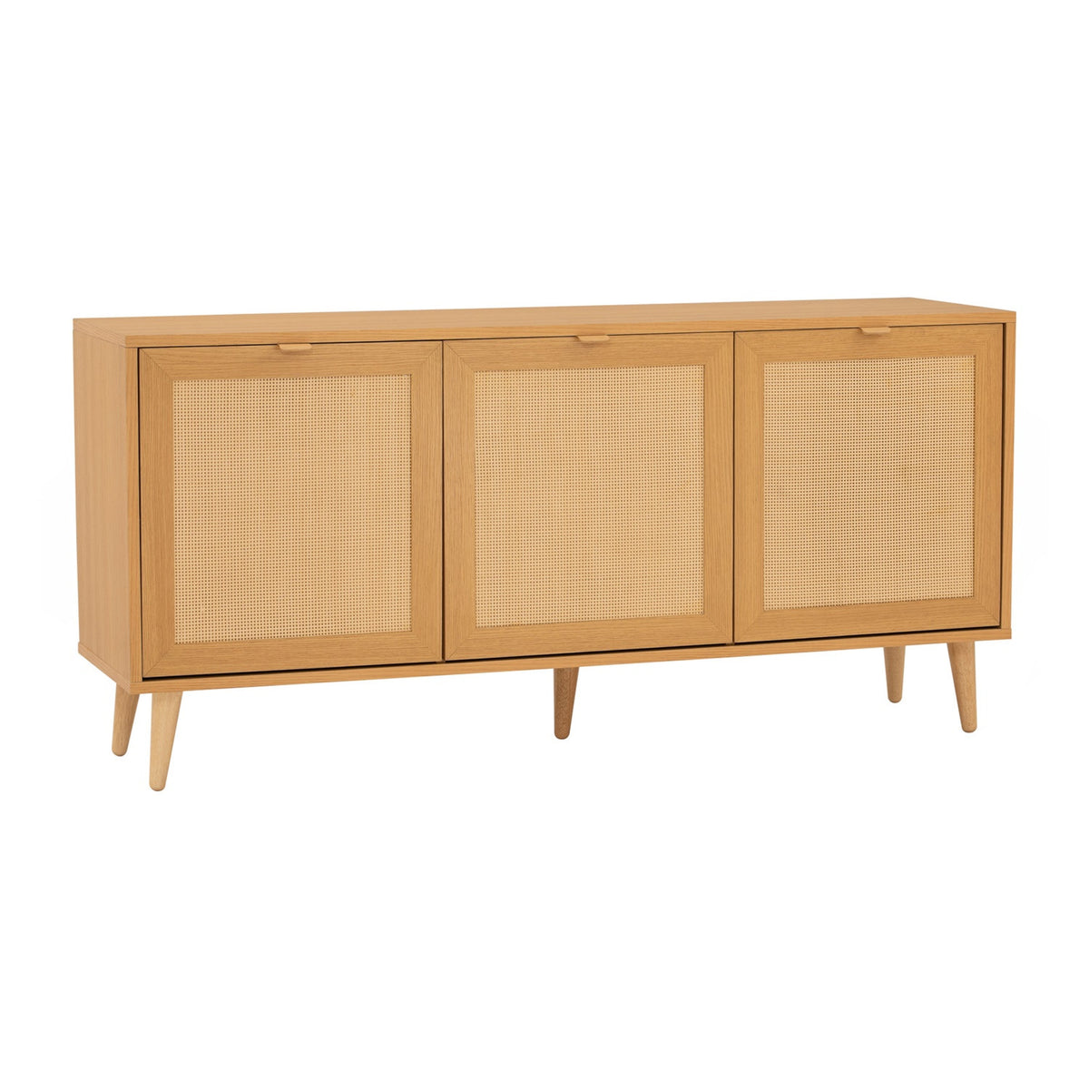 Wooden sideboard with rattan doors on a white background