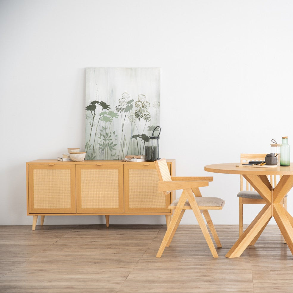 Wooden dining set with table and chairs in a minimalistic room.