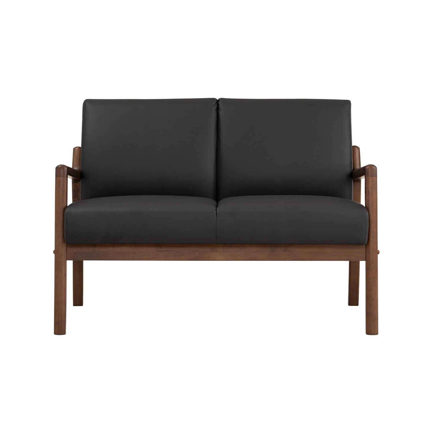 A modern two-seater sofa with black leather cushions and a medium brown wooden frame, shown against a plain white background.