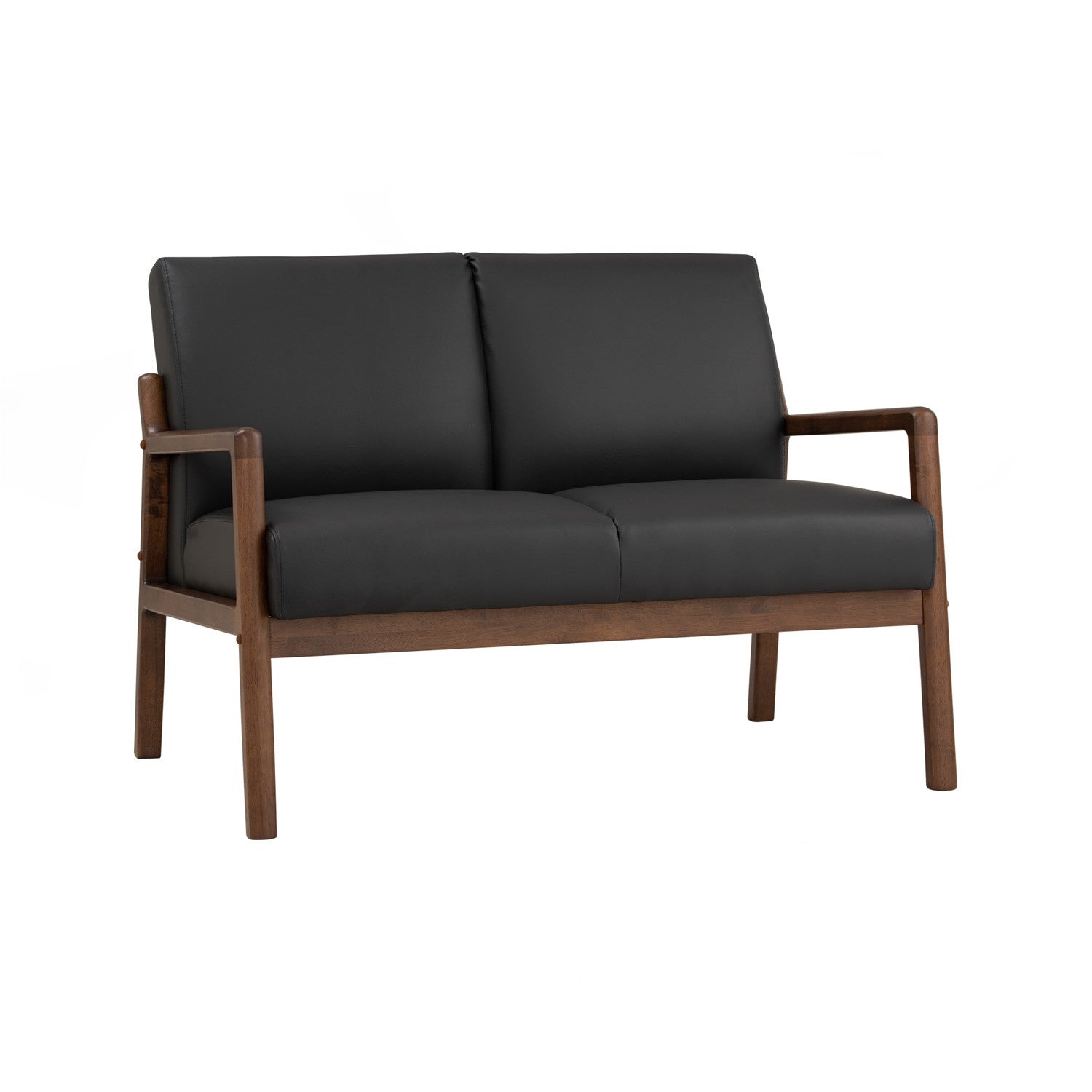 A modern two-seater loveseat sofa with black leather cushions and a medium brown wooden frame, shown against a plain white background.