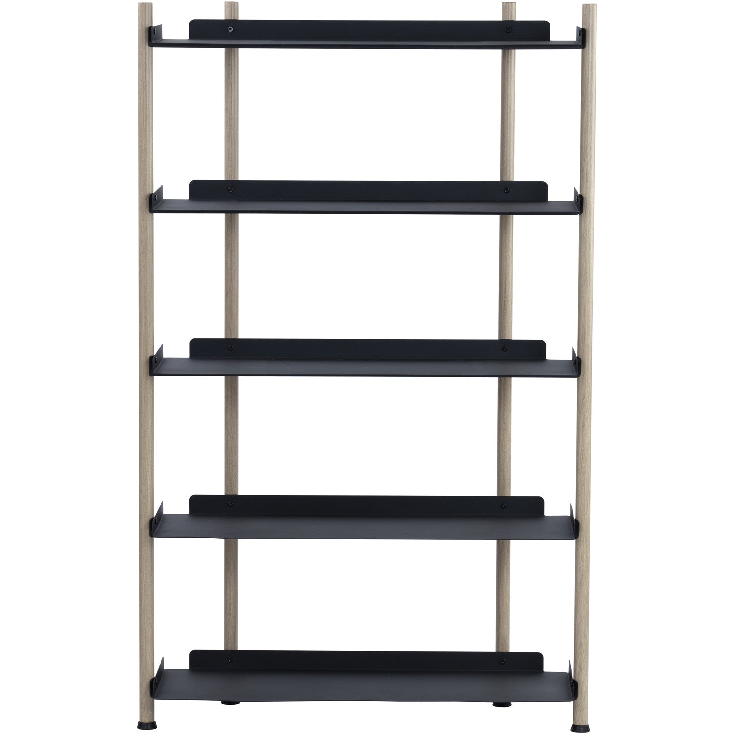 Black bookshelf with multiple shelves on a white background