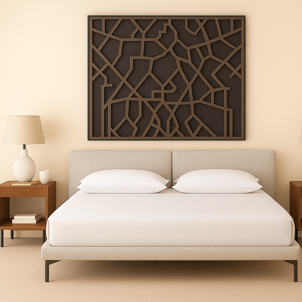 Modern bedroom with a bed, nightstands, and decorative wall art.