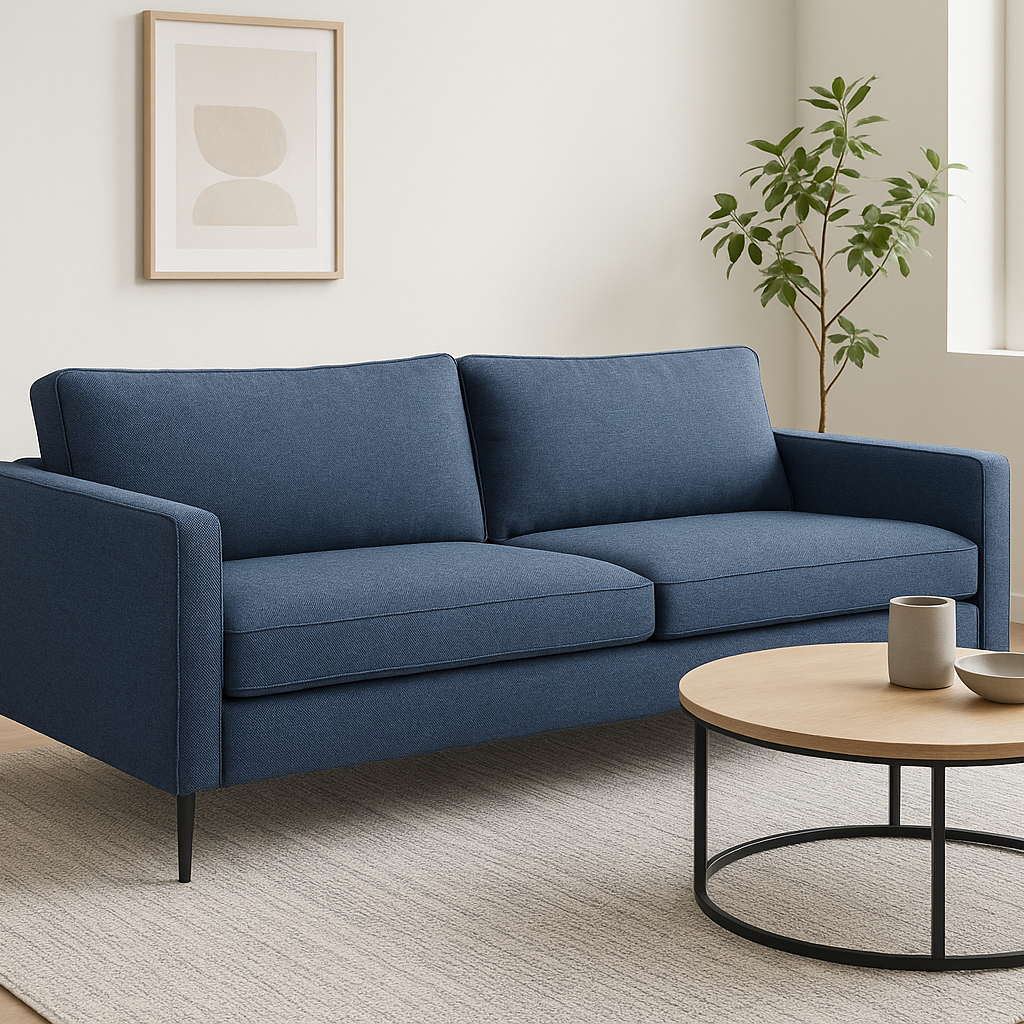 Blue sofa in a living room with a round wooden table and decor items.