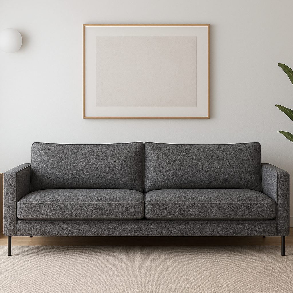 Gray sofa in a modern living room with a plant and side table.