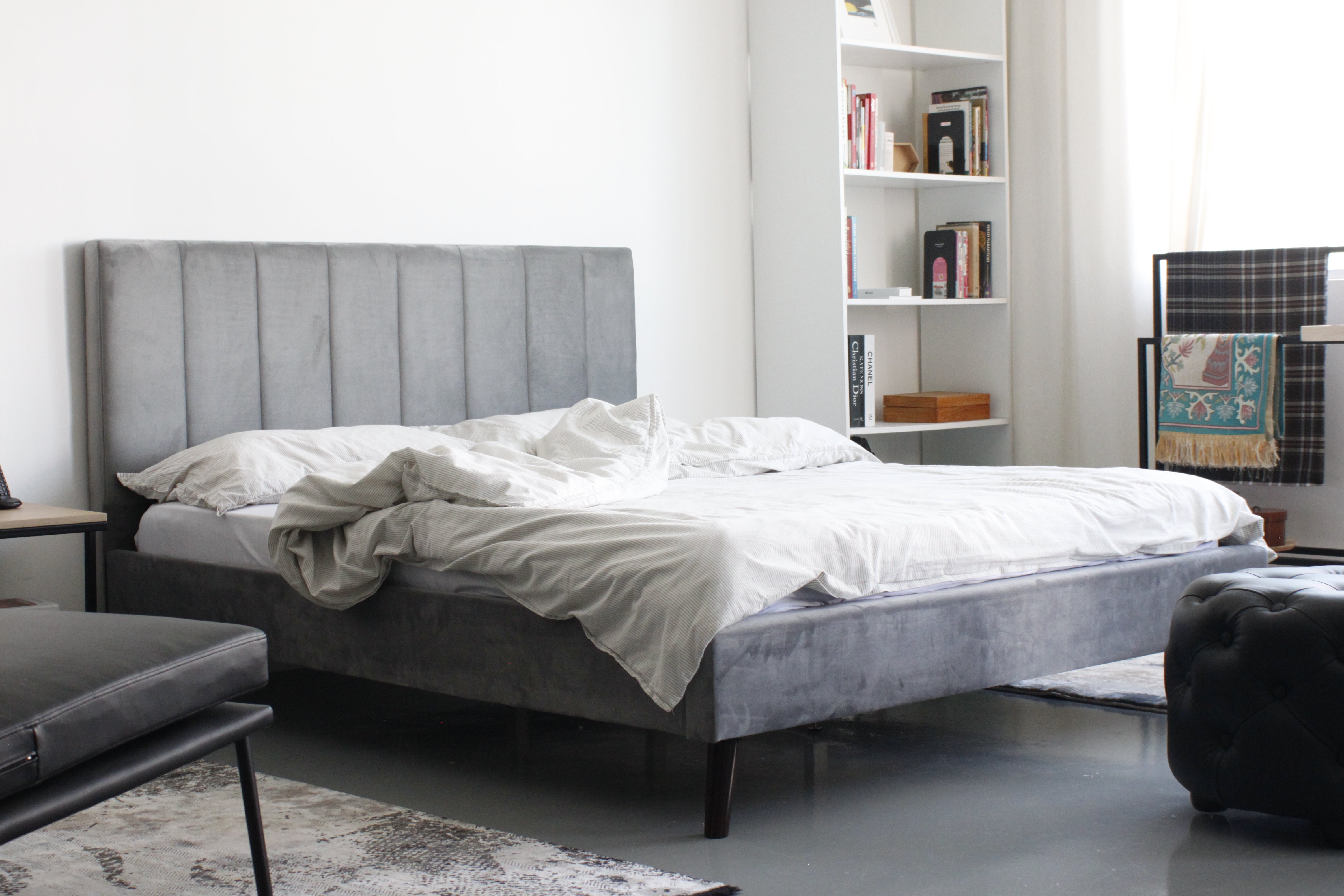 ALUR Bed Frame Queen Velvet Grey Exhibit Sale at Seremban 2 Offline Store