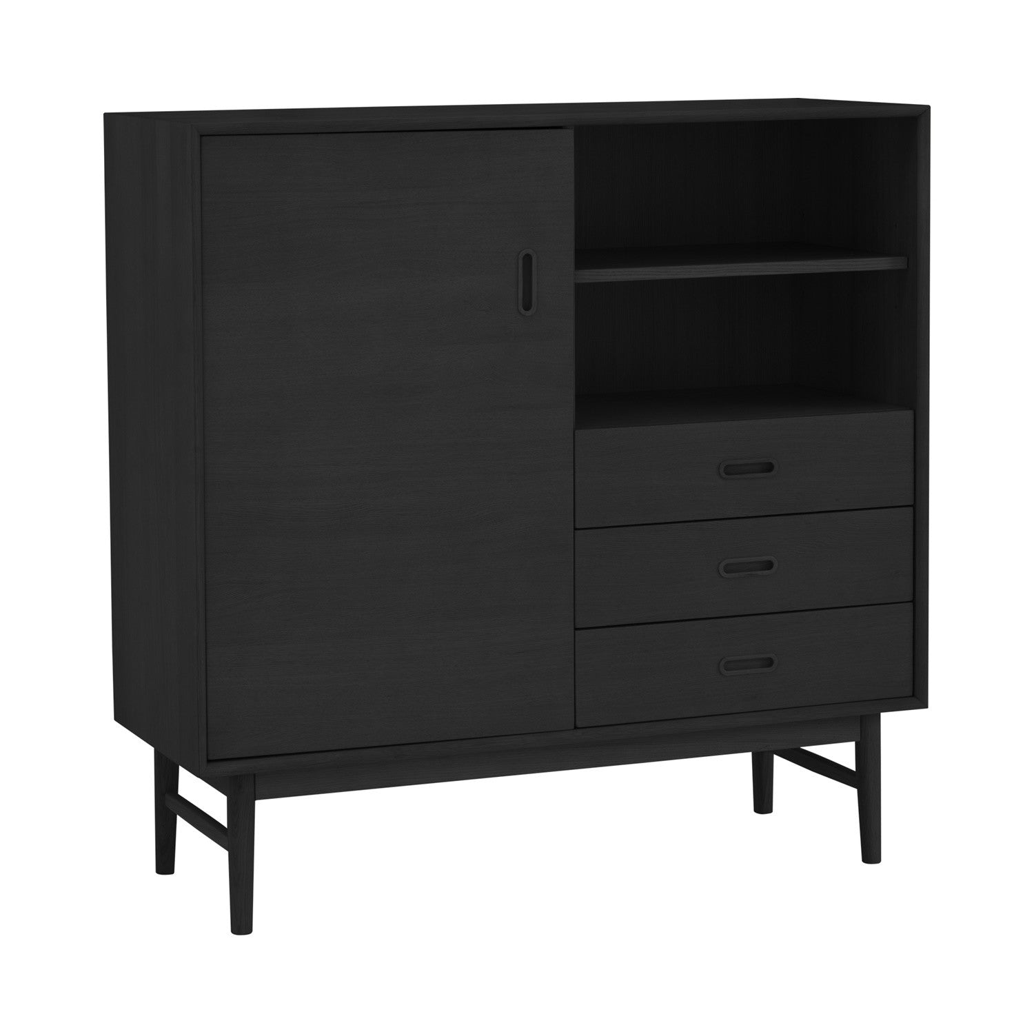 Black cabinet with a door and three drawers on a white background