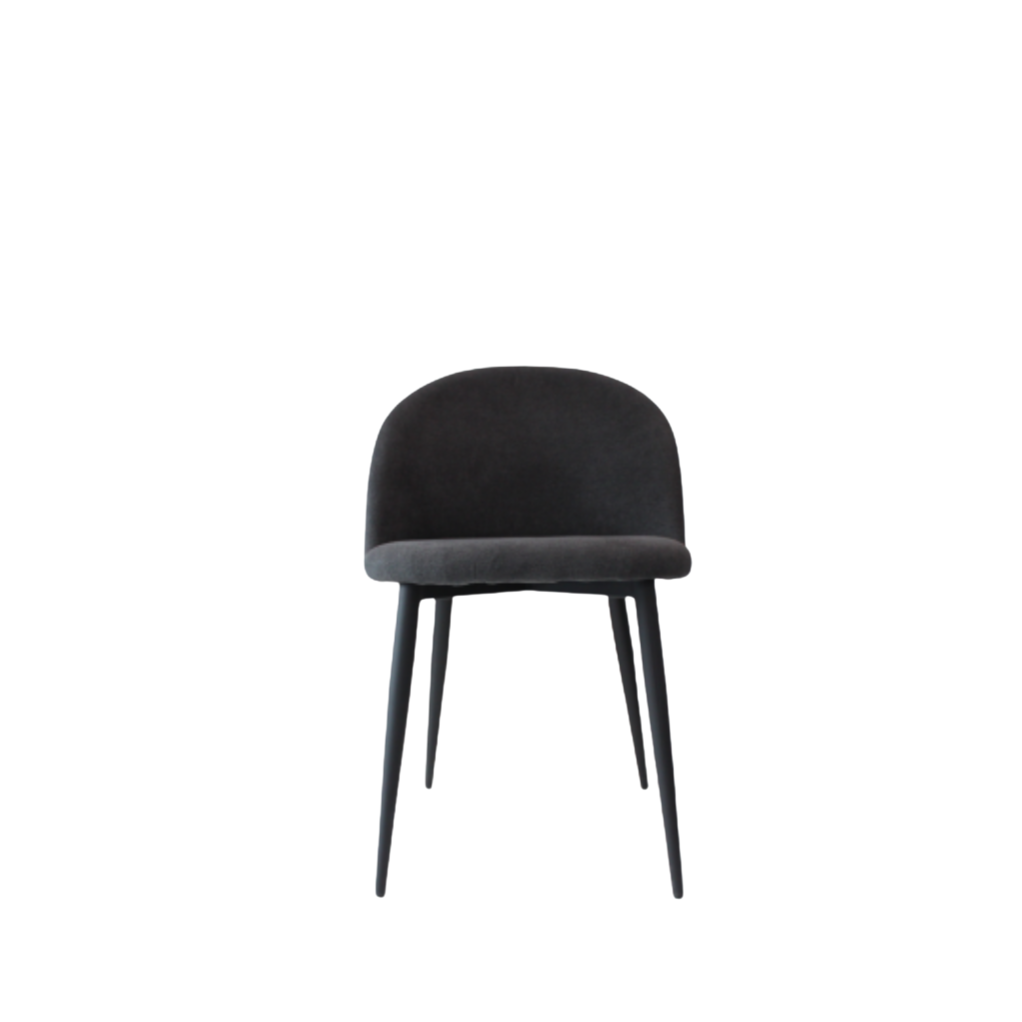Black chair with a round backrest and metal leg frame