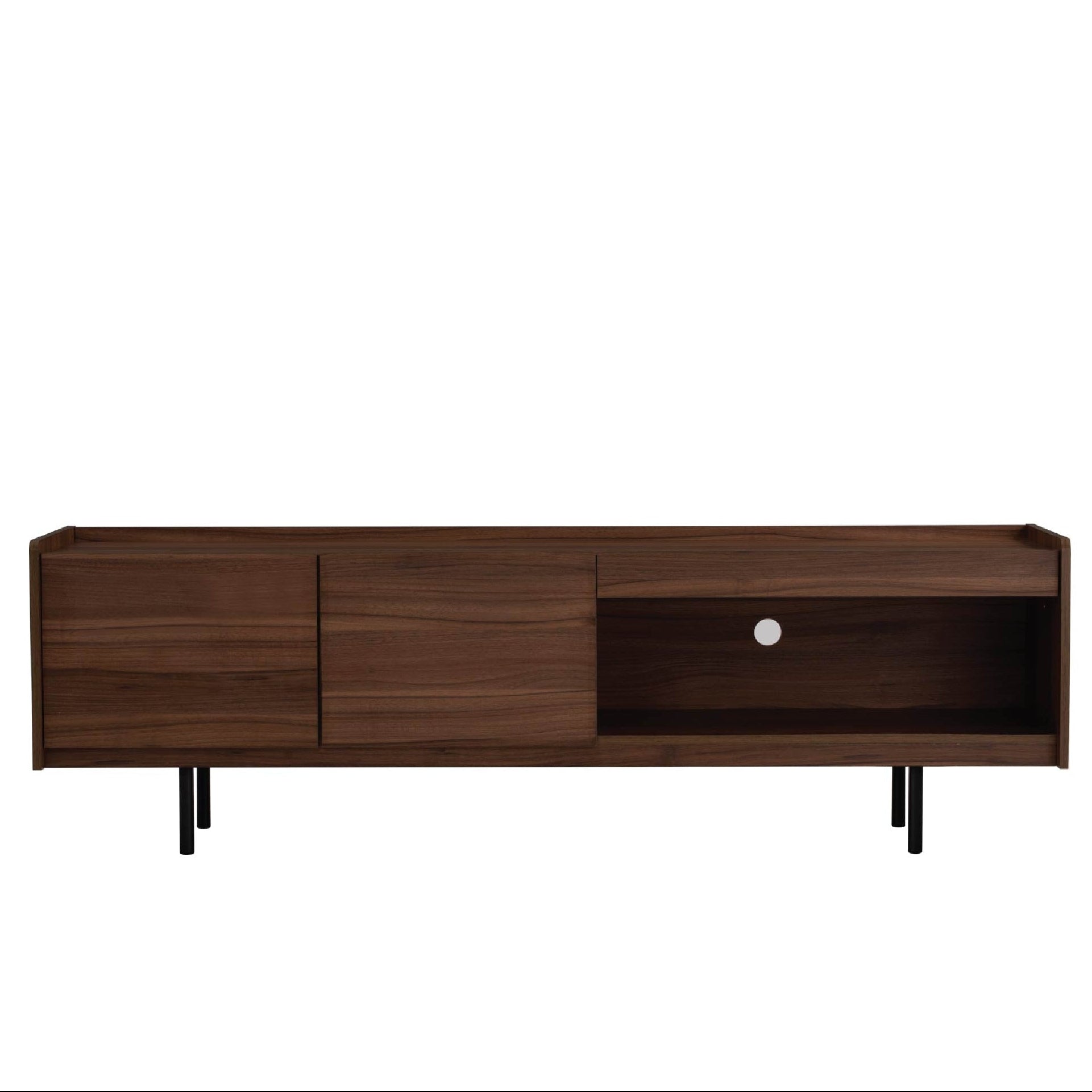 A brown TV cabinet with two doors and an open shelf, featuring melamine laminated board and powder-coated metal legs.