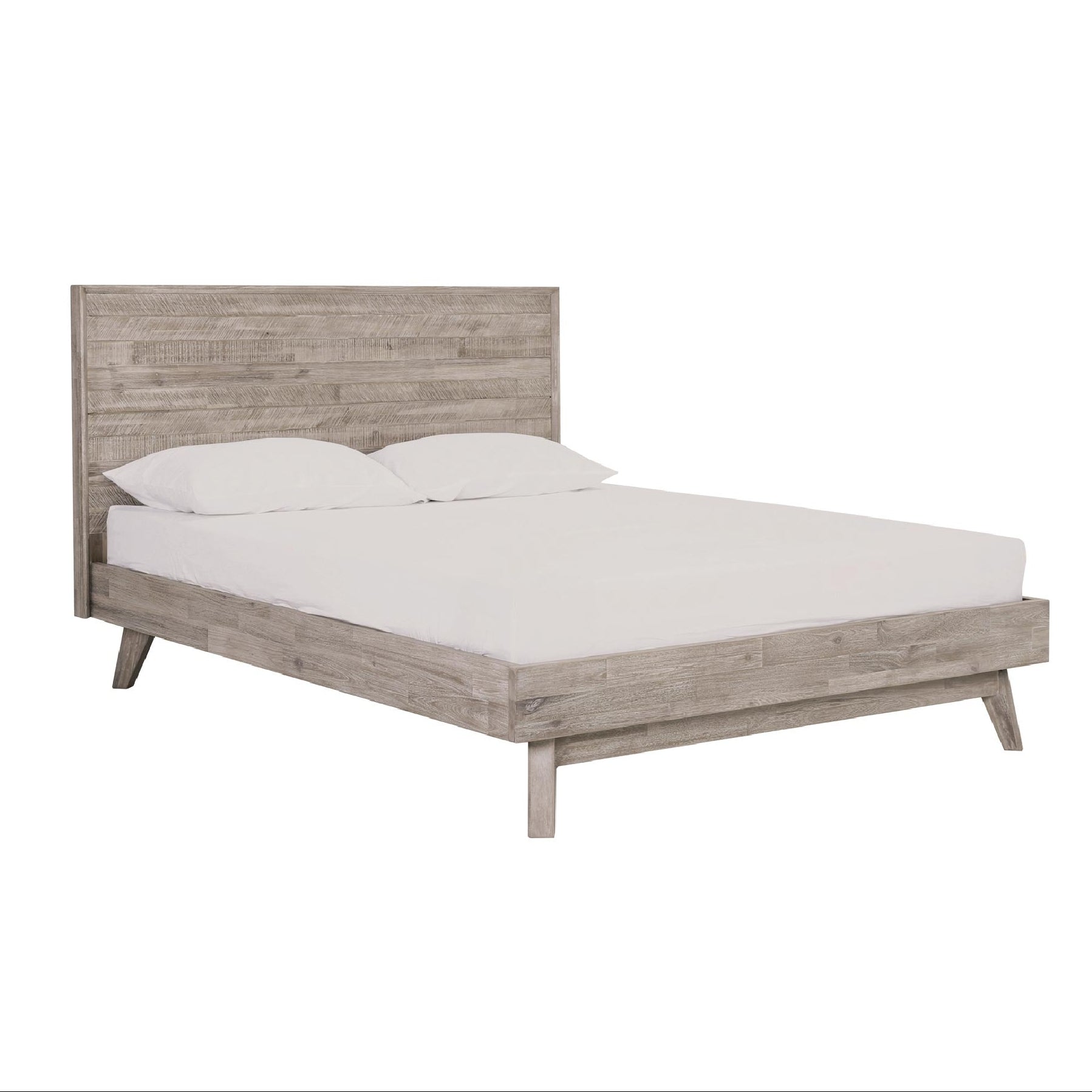 A gray bed frame made of solid acacia wood, with a flat, slatted base and upright posts at each end.