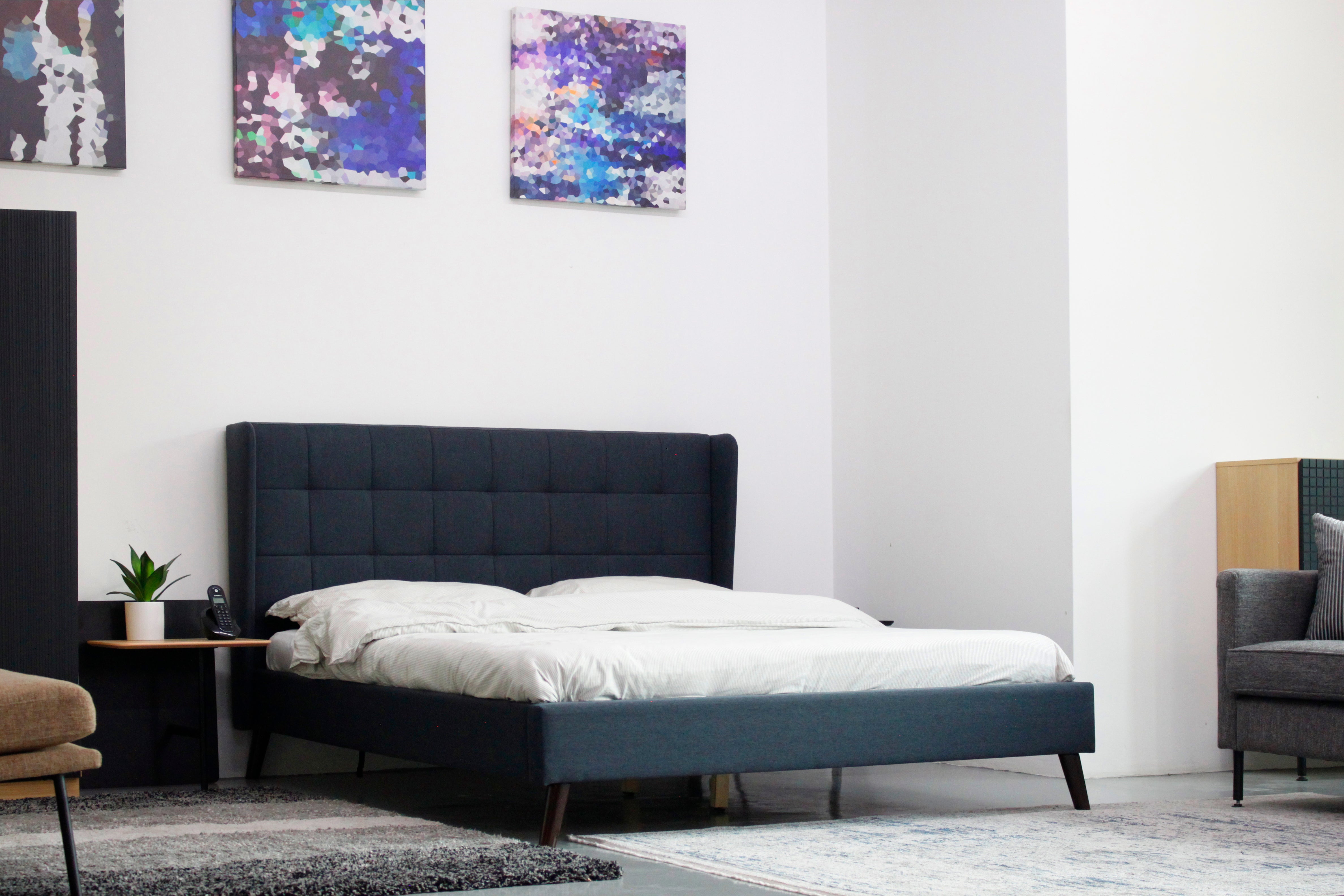 LATAR Wing Bed Frame Queen Dark Blue Exhibit Sales at S2 Offline Store.