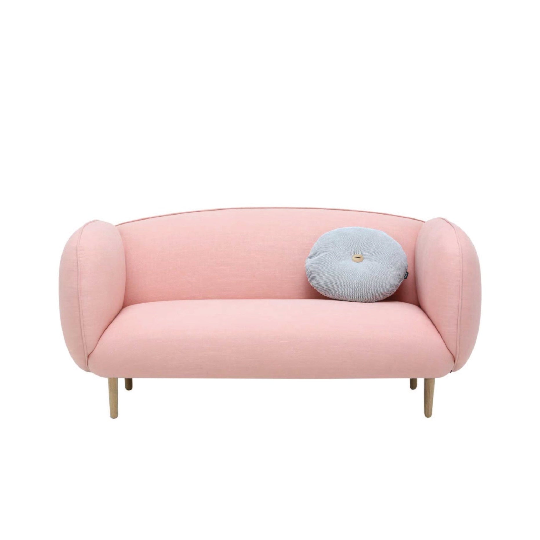 A pink upholstered twin seater sofa with a cushioned backrest and seat, featuring a modern contemporary design and placed against a white background.