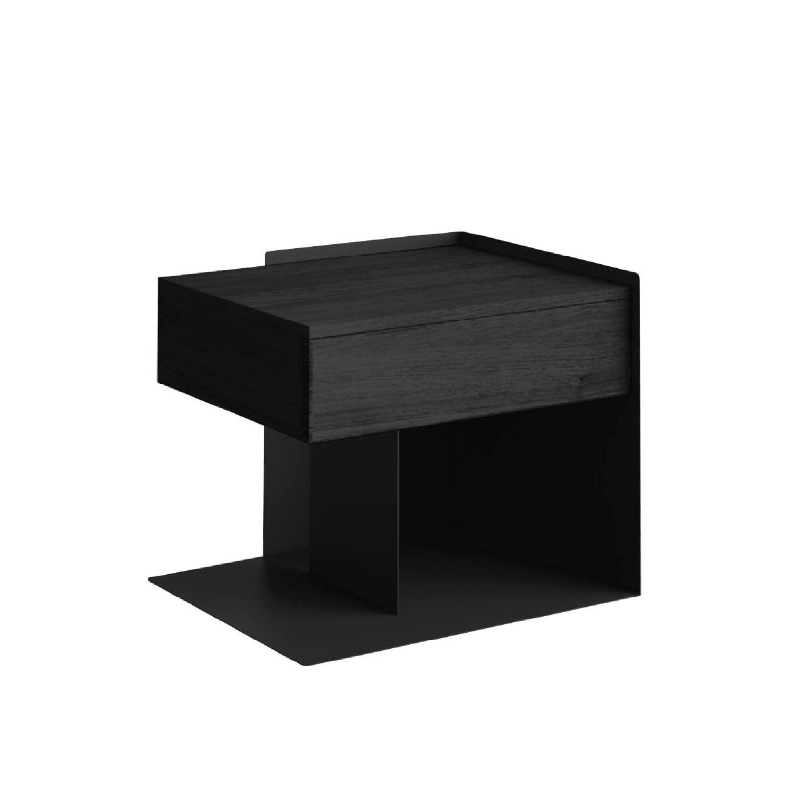 A minimalistic black side table with a matte finish, featuring a geometric design and a single drawer.
