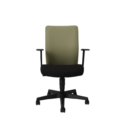 A green office chair with a hard backrest and black seat, featuring a metal frame and dual wheel castors.