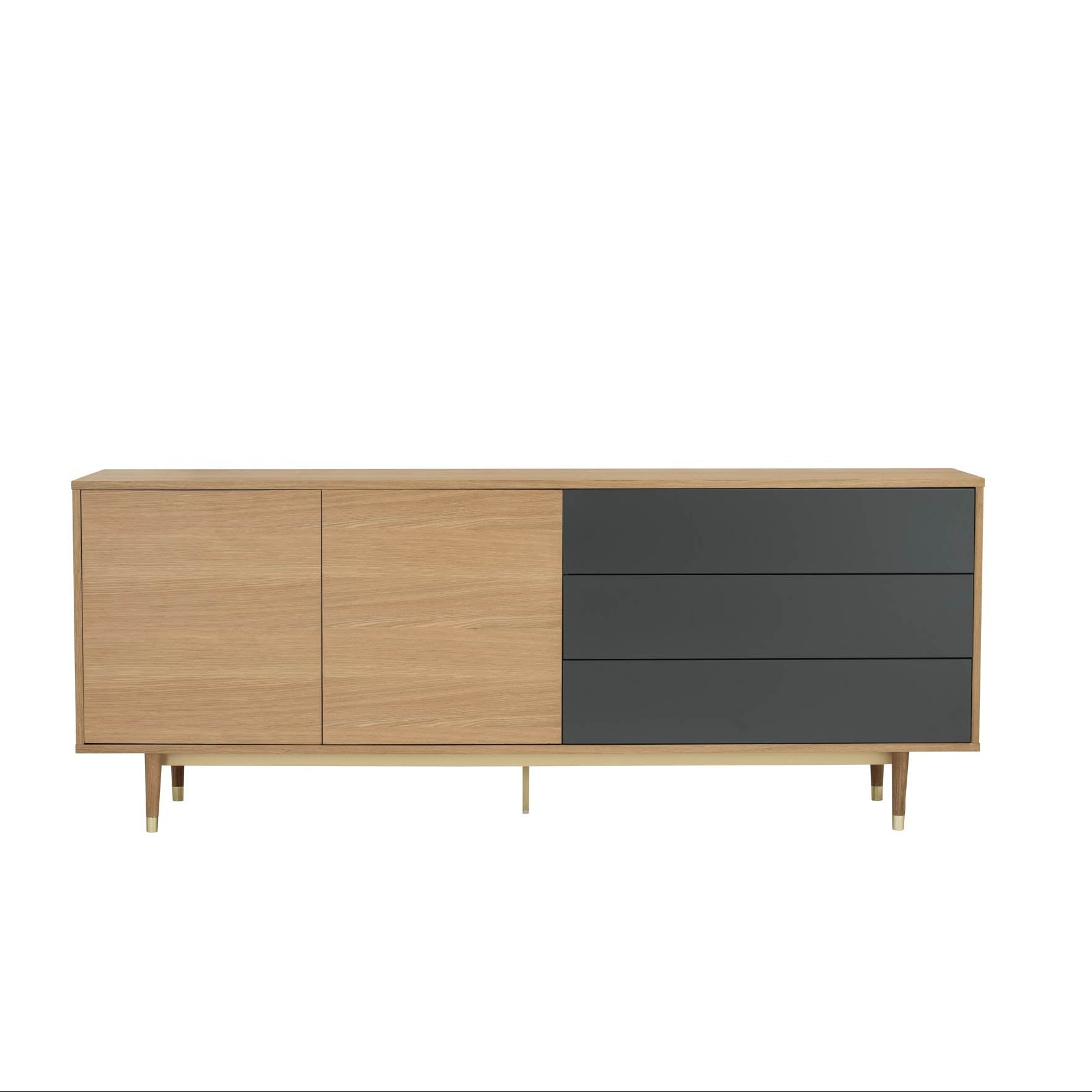 A modern sideboard with a combination of wooden and dark gray elements, featuring metal legs and a brass cap.