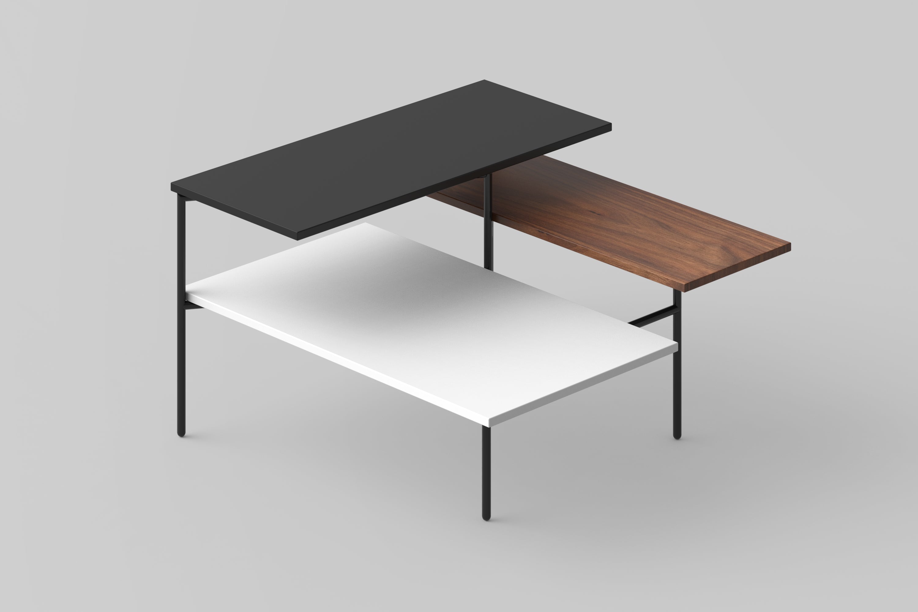 A digital rendering of a modular coffee table with three different tops in black, walnut, and white, and a metal leg frame in black.