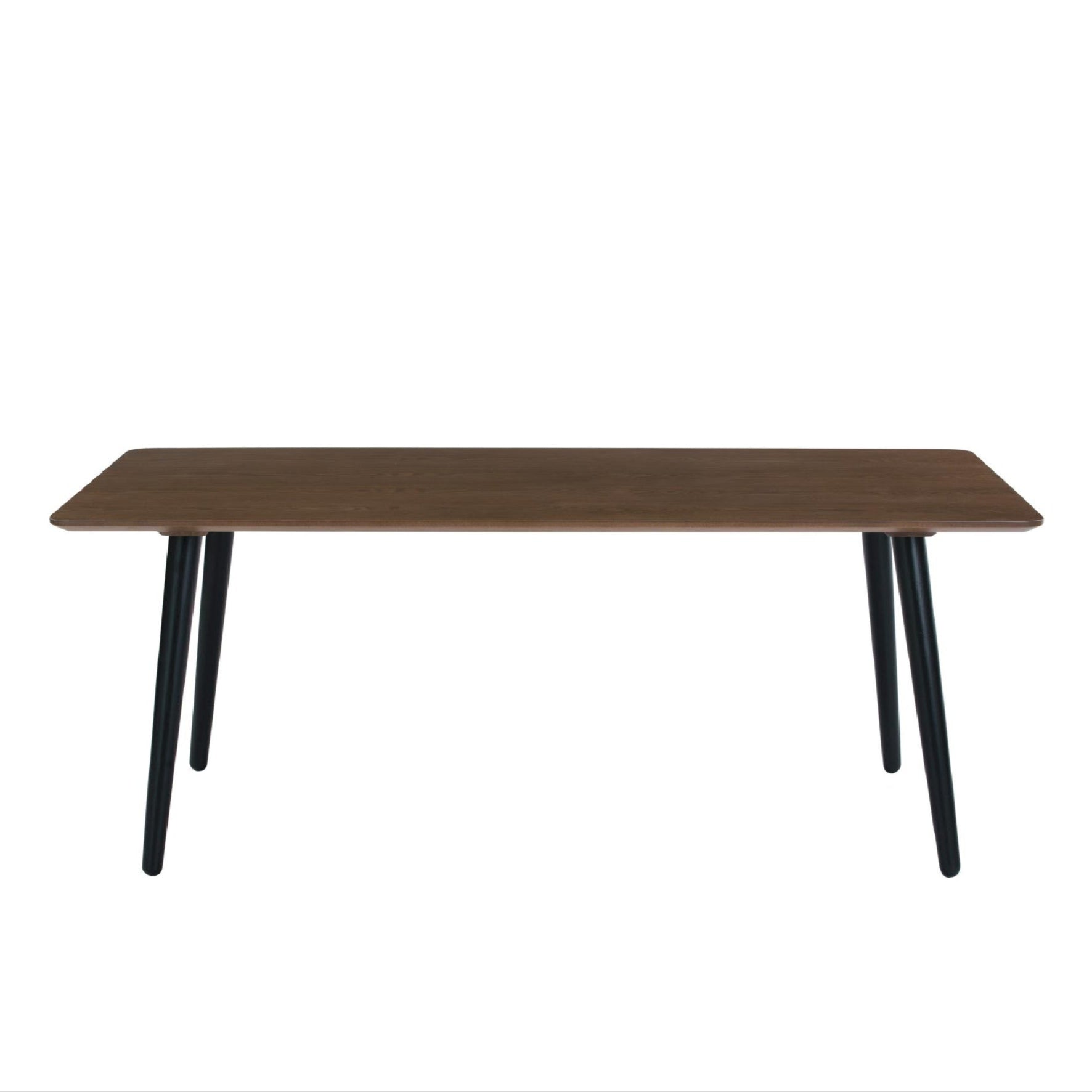 A rectangular coffee table with a dark brown top and black legs, set against a white background.