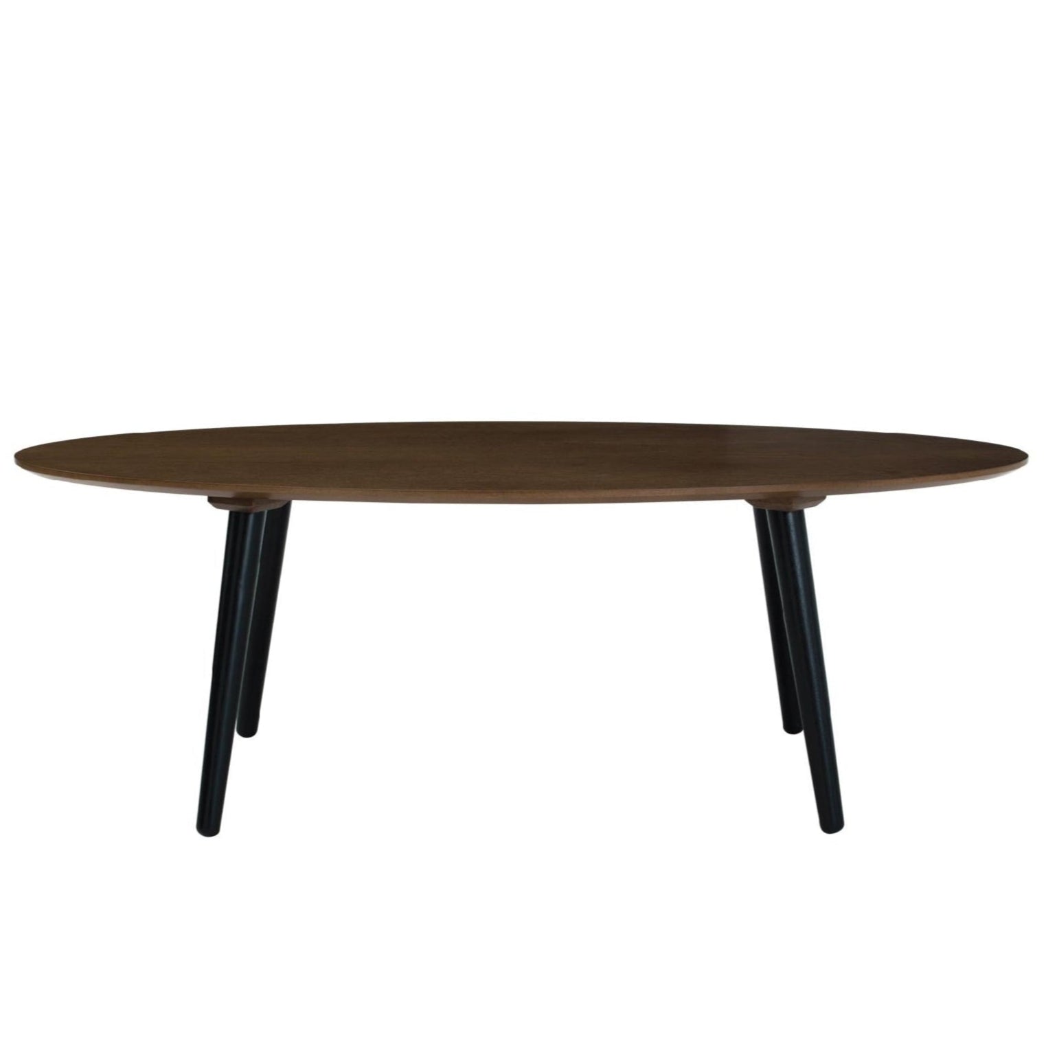 An oval-shaped coffee table with a cocoa brown tabletop and black legs, against a white background.
