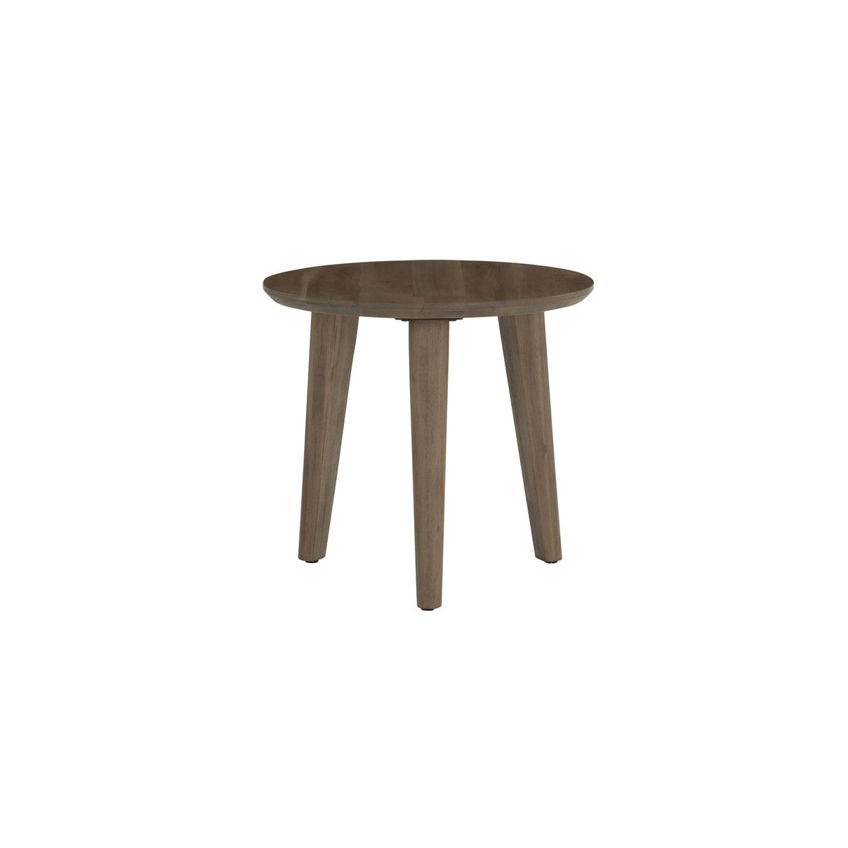 Round wooden side table on a white background