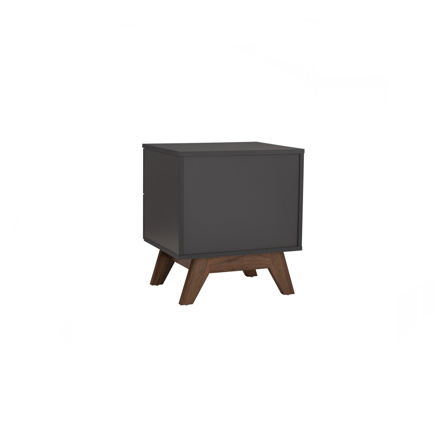 A modern two-drawer side cabinet with a dark gray front and angled brown wooden legs, shown on a plain white background.