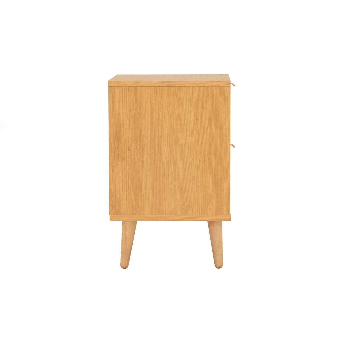 A light oak wood nightstand with a minimalist mid-century modern design, featuring tapered legs and small round metal knobs, shown against a plain white background.