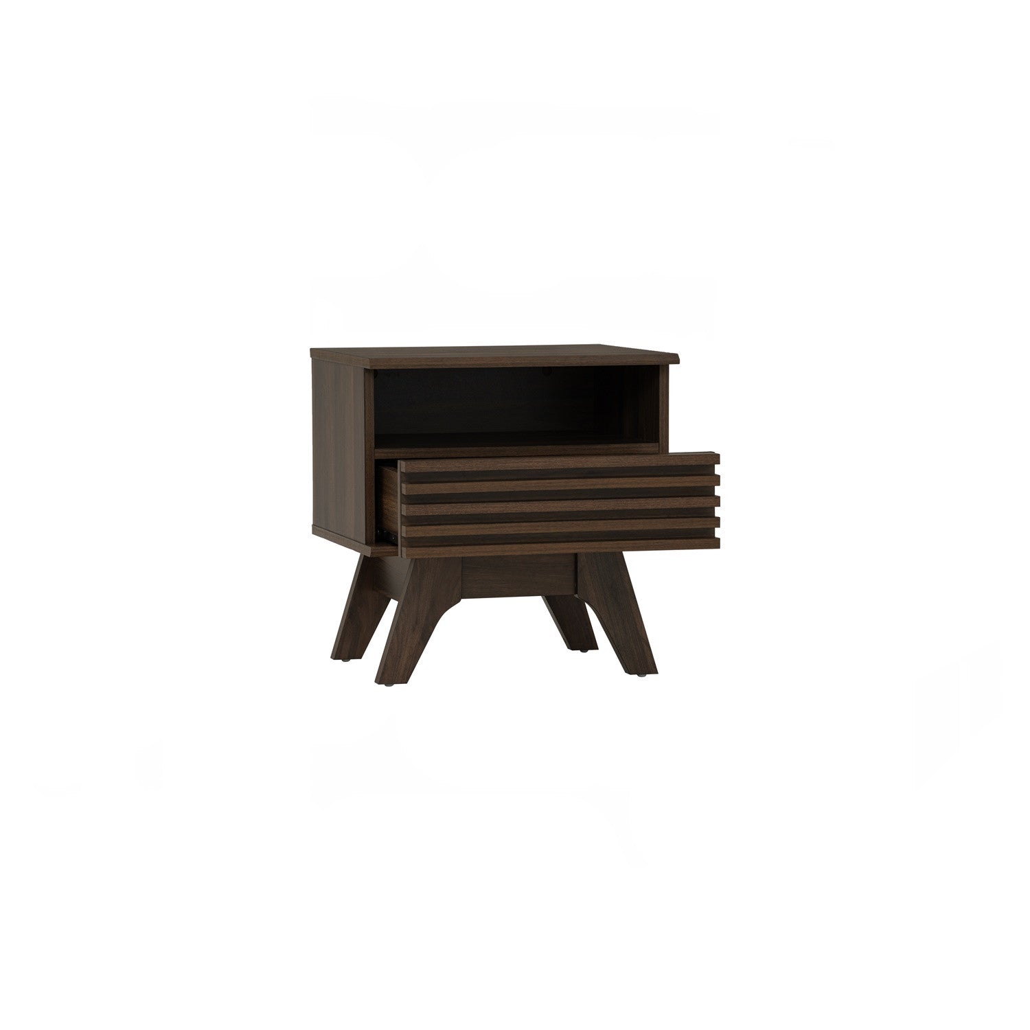 A mid-century modern wooden nightstand with a dark brown finish, featuring a single open shelf and a front drawer with horizontal slats, supported by angled legs, shown on a plain white background.