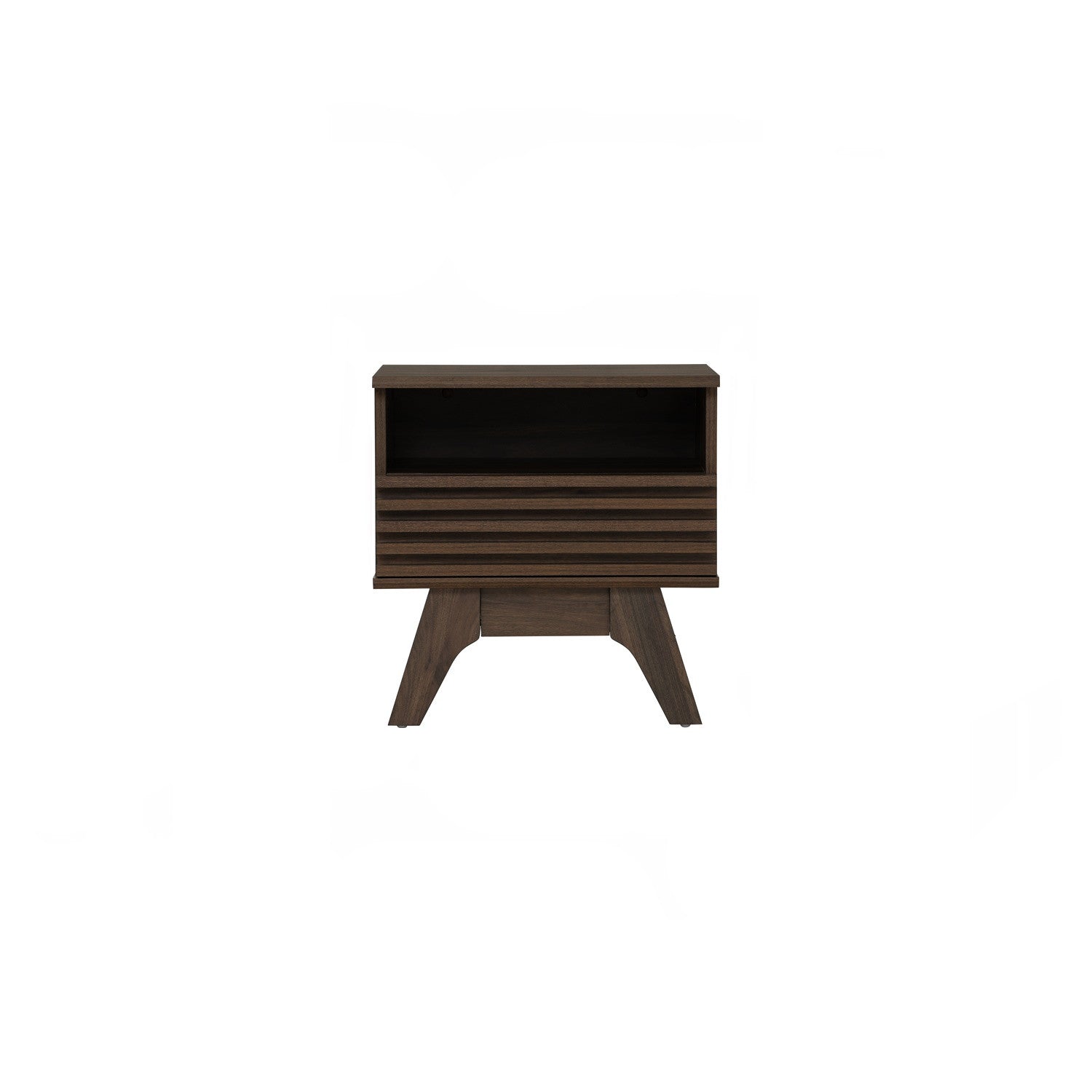 A dark brown wooden TV stand or console table with a slatted front and angled legs, shown against a plain white background.