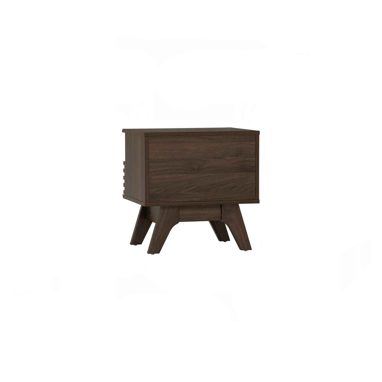 A dark brown wooden nightstand with a single drawer and angled legs, shown from a three-quarter angle on a solid white background.