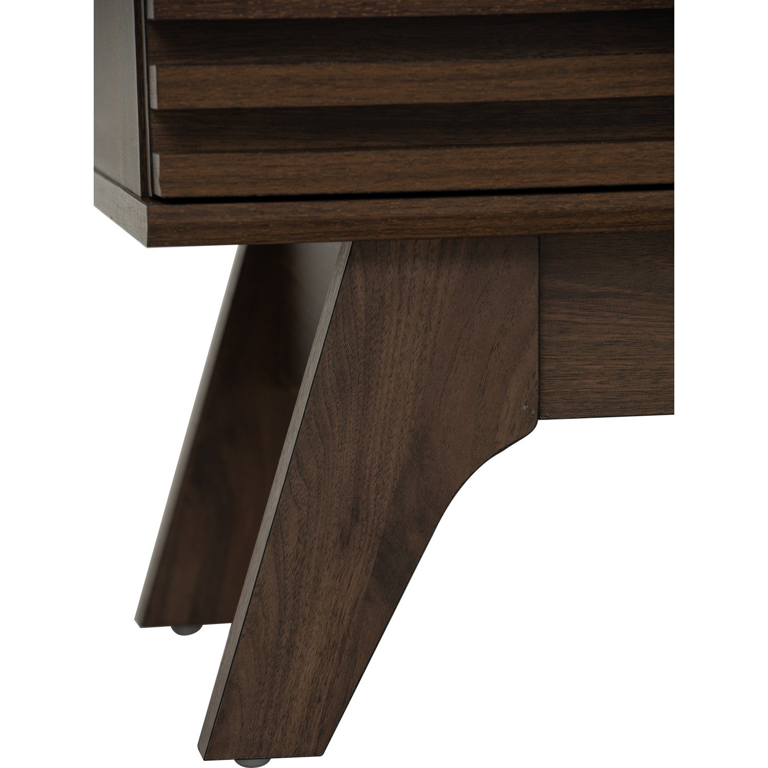 Close-up of a dark brown wooden furniture piece showing the drawer front and angled leg detail against a white background.