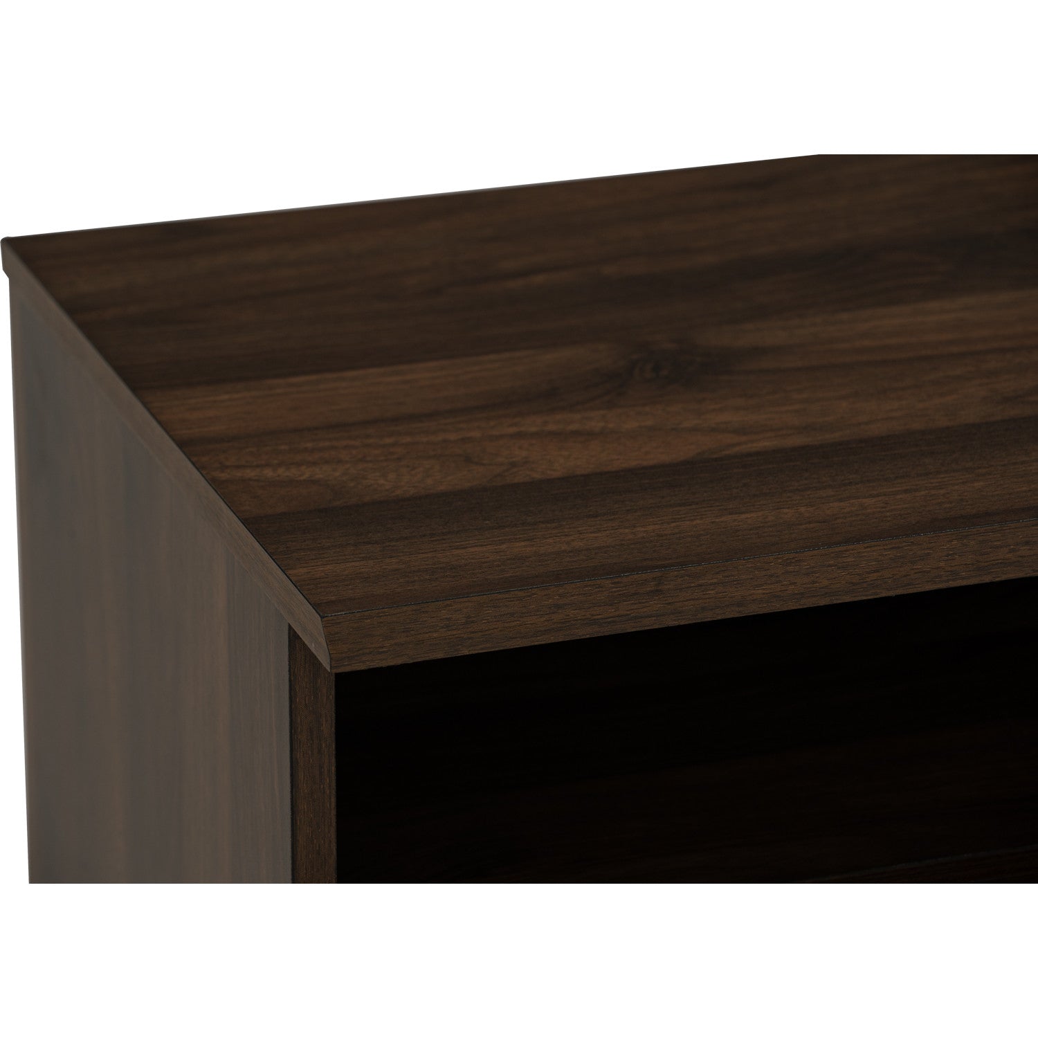 Close-up of a dark brown wood grain furniture surface, showing the top edge and side panel against a white background.
