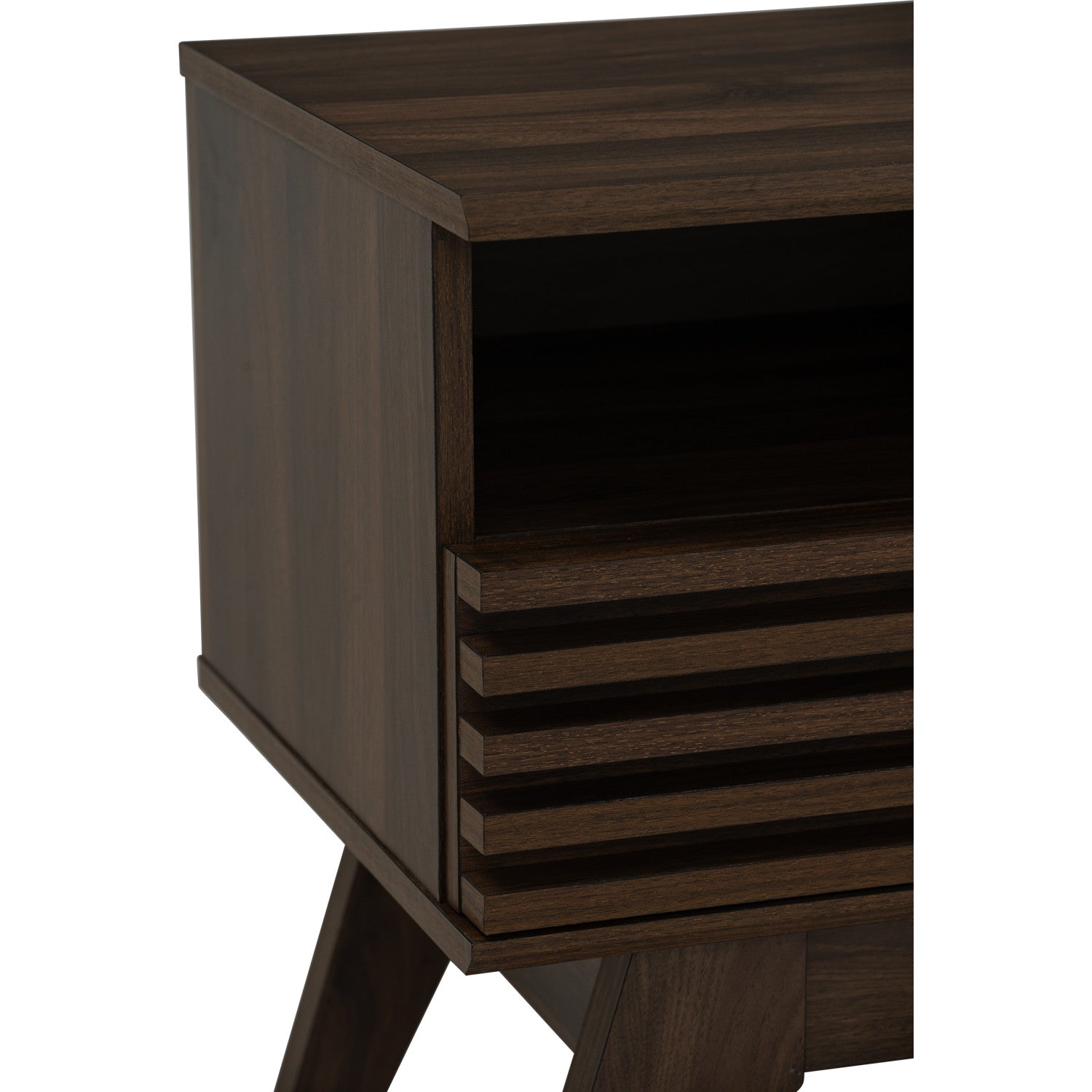 Close-up of a dark brown wooden cabinet or side table with a slatted drawer front and angled legs, shown against a plain white background.