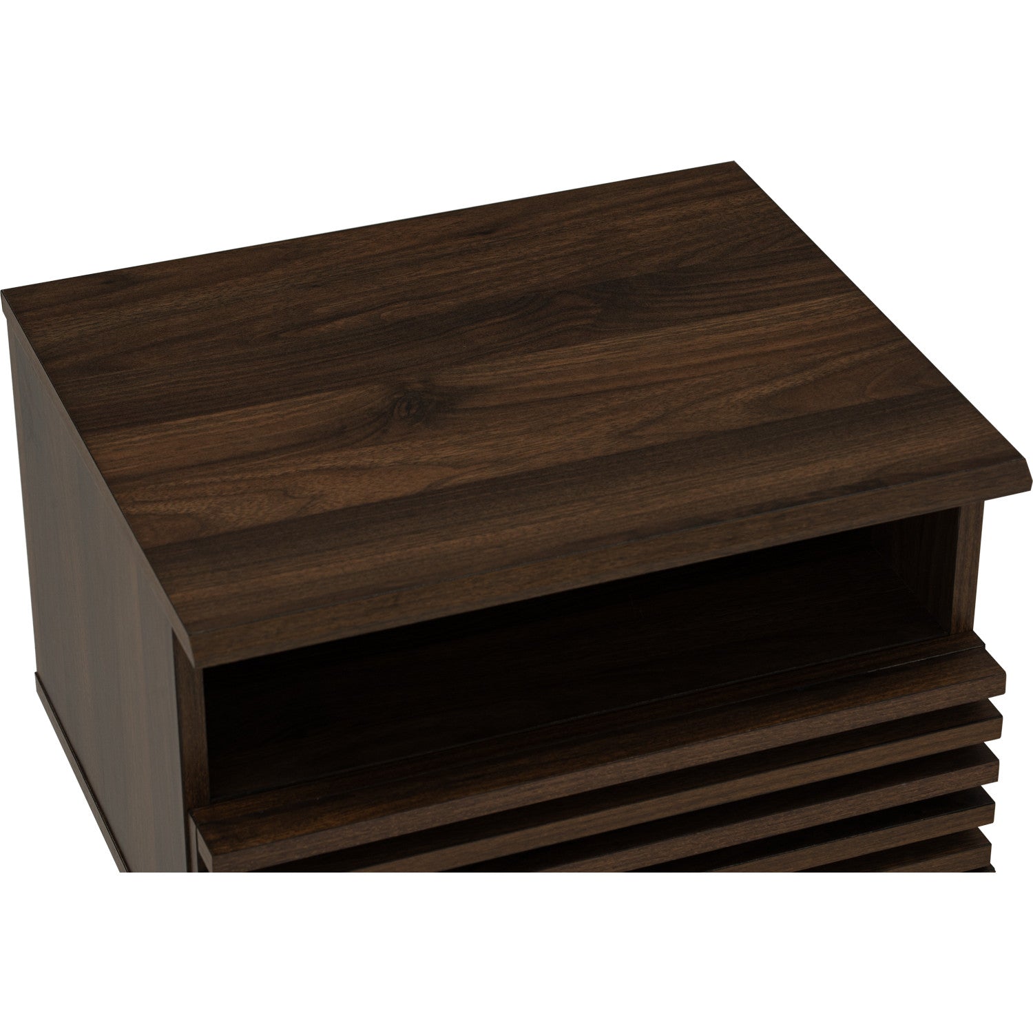 Dark brown wooden storage cabinet or side table with a slatted front drawer, shown on a plain white background.