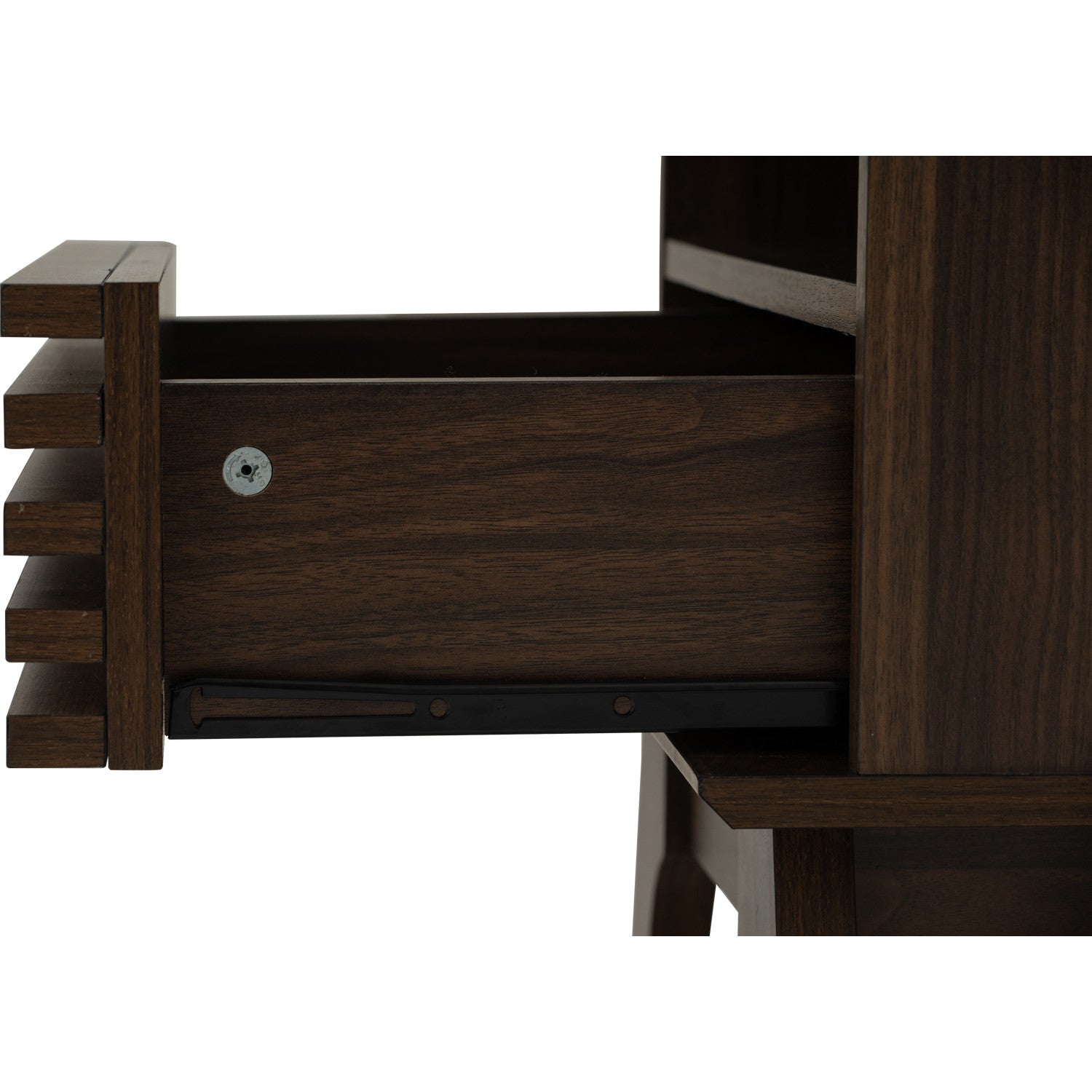 Close-up of a dark brown wooden drawer pulled open, showing the drawer front, metal pull knob, and drawer slide mechanism on a white background.