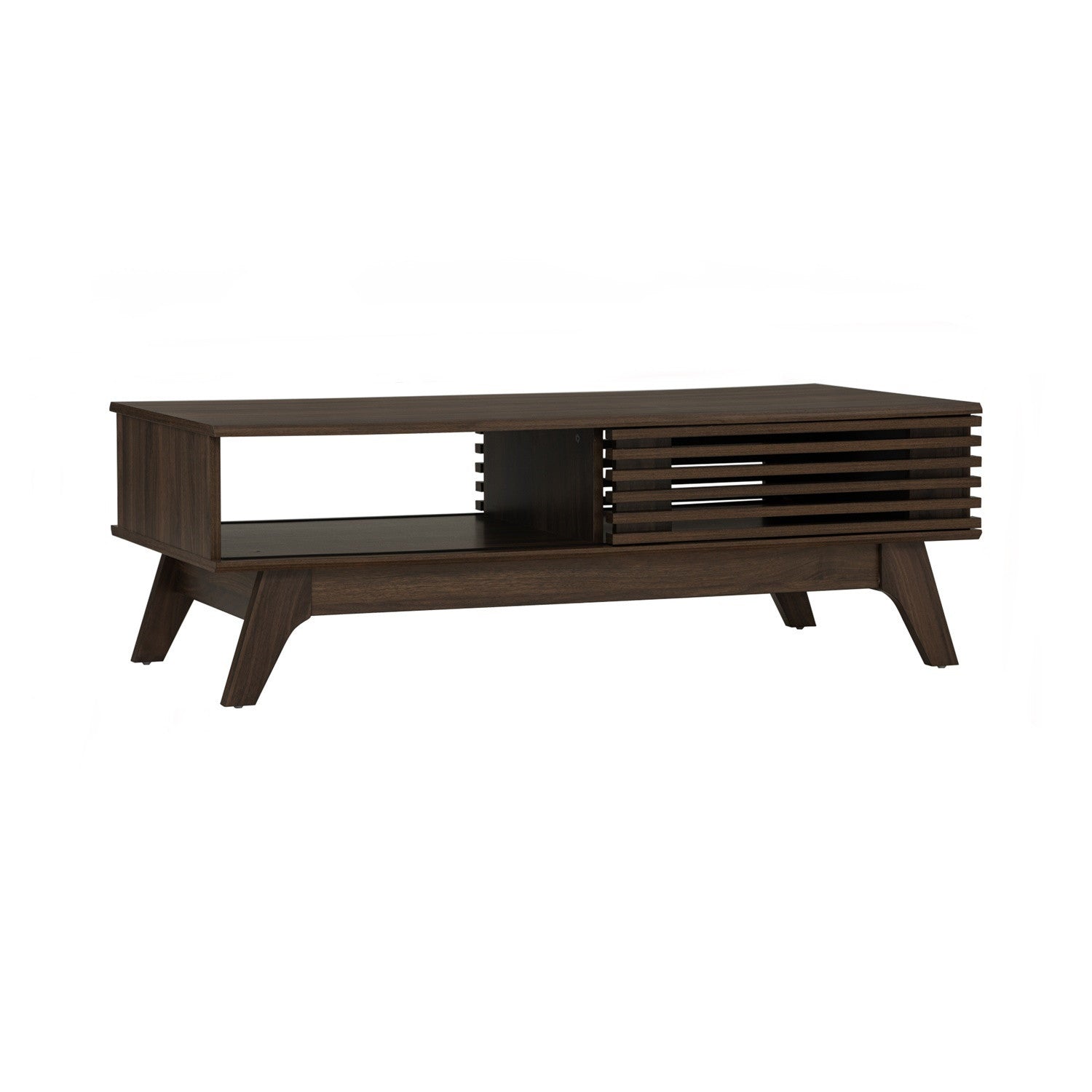 A mid-century modern wooden coffee table with a dark brown finish, featuring angled legs, a lower shelf, and a slatted side panel on a plain white background.