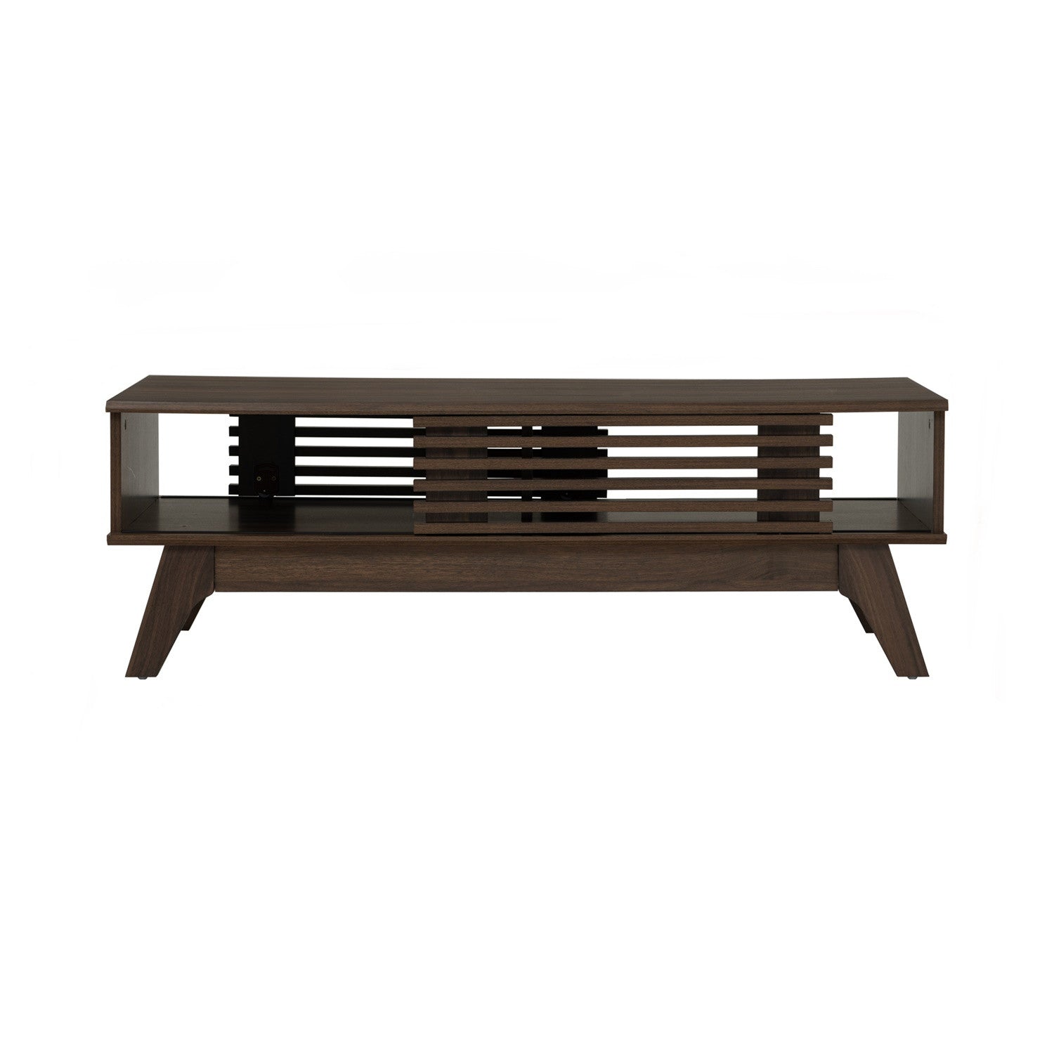 A modern dark brown wooden TV stand or console table with open shelving and a slatted front panel, shown against a plain white background.