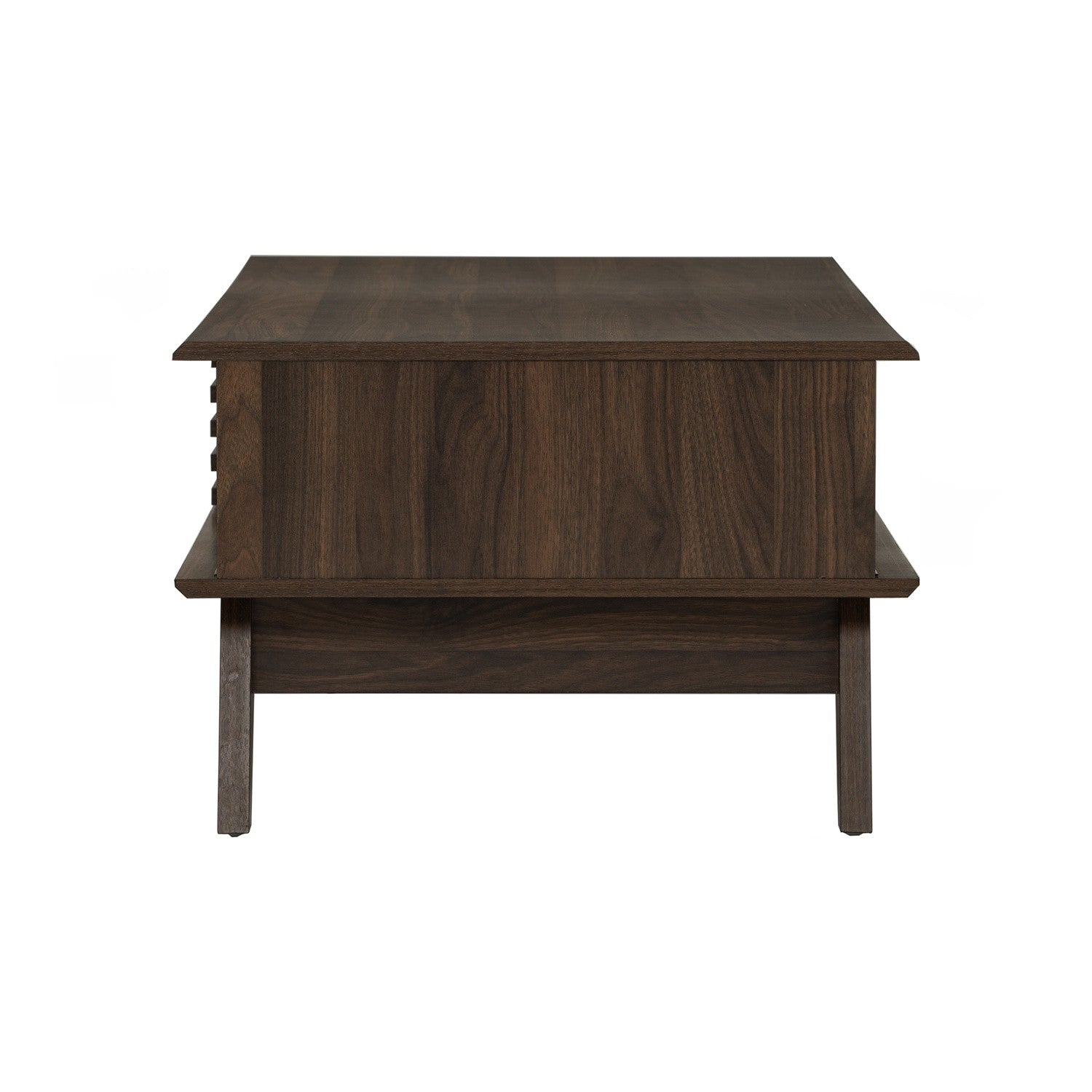 A dark brown wooden storage chest or side table with a slatted side detail, shown from a front-facing perspective on a solid white background.