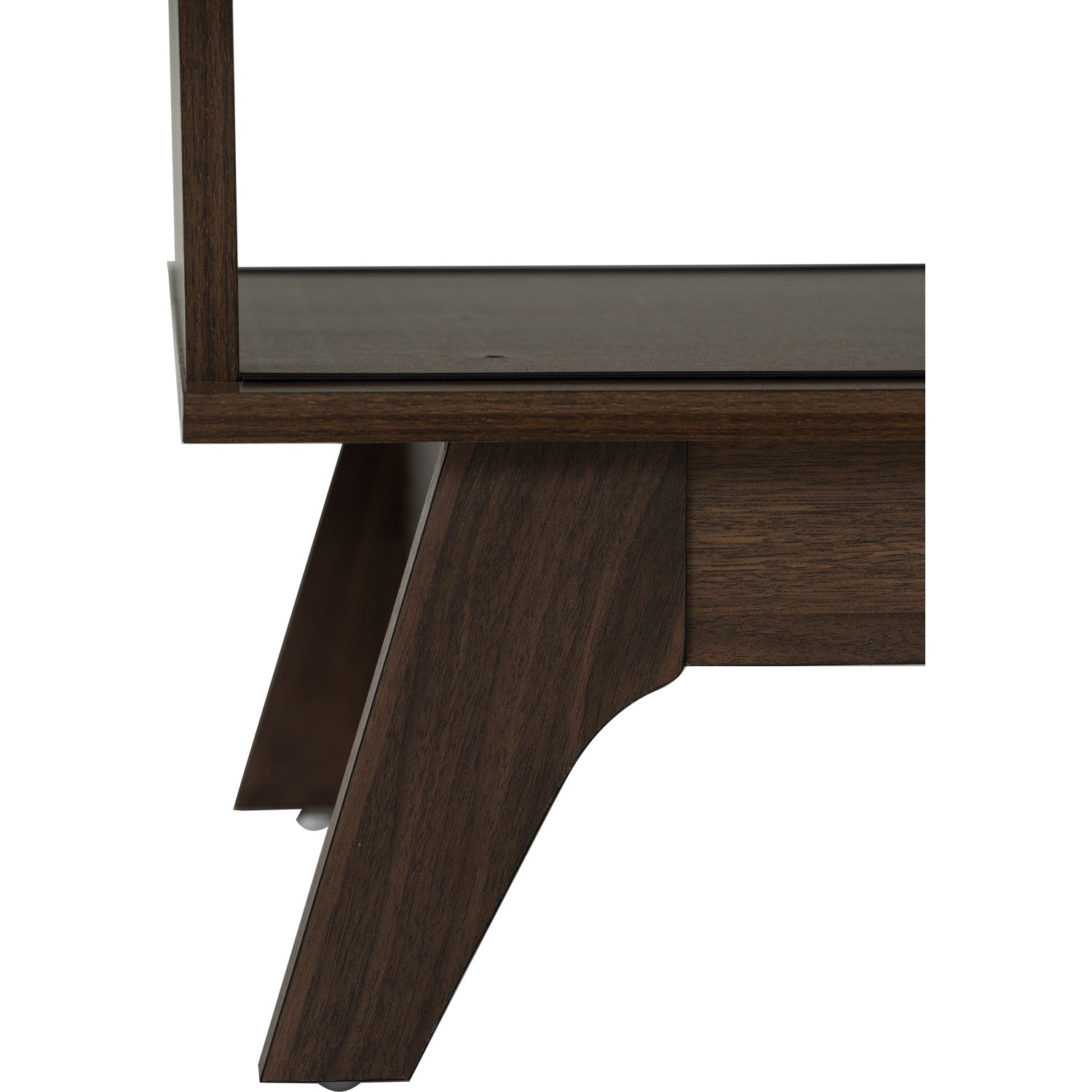 Close-up of a dark brown wooden furniture piece showing the corner frame, glass shelf surface, and angled support leg against a white background.