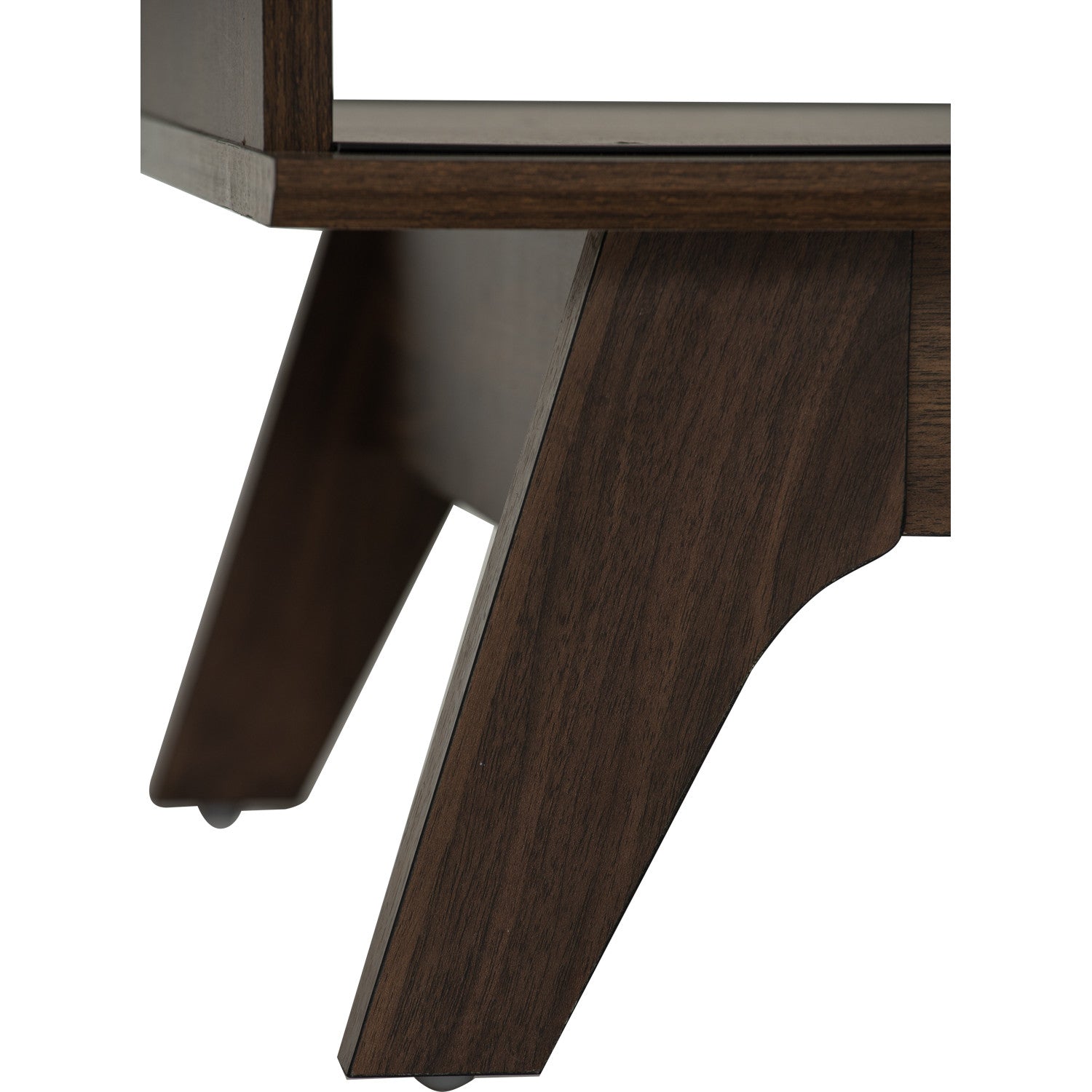 Close-up of a dark brown wooden table leg with a glass top edge, shown against a plain white background.