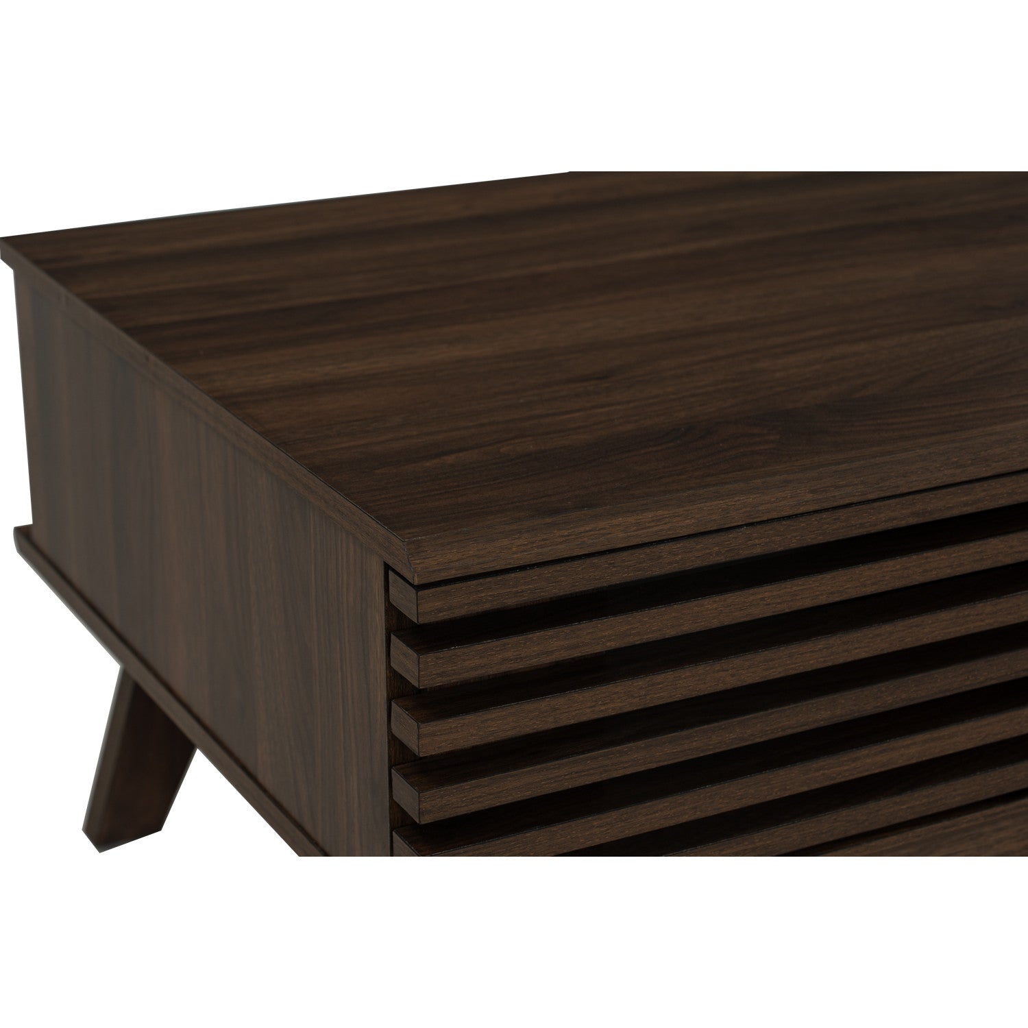 Dark brown wooden sideboard or cabinet with a slatted front and angled leg, shown on a plain white background.
